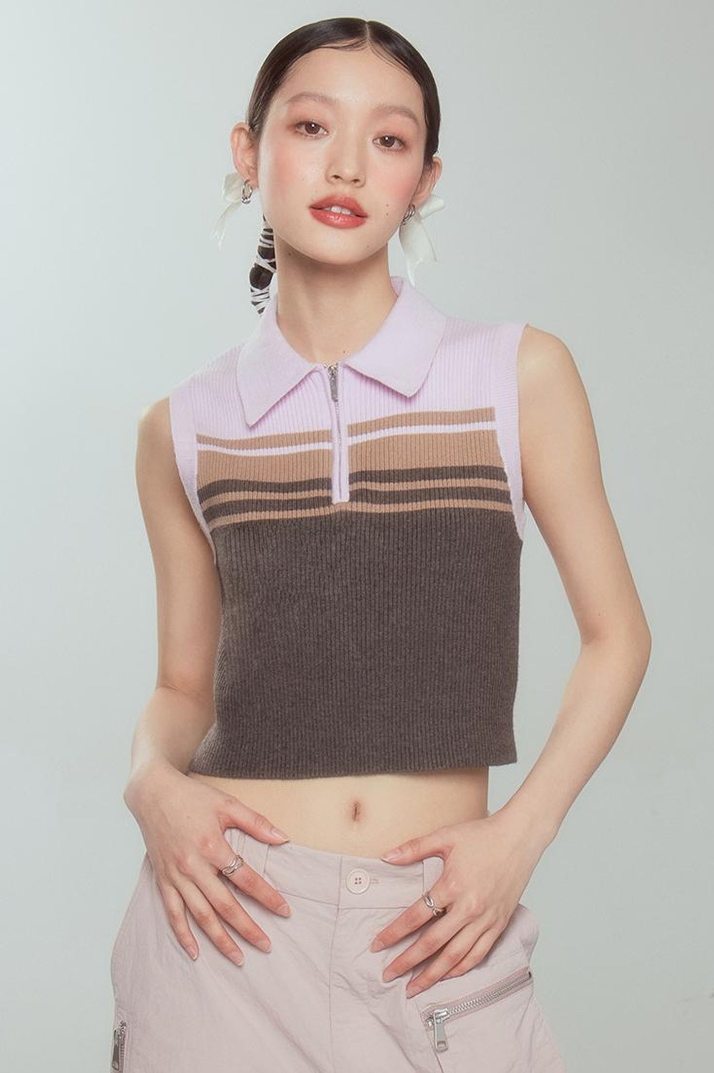 DIDDI MODA Pink Stripe Polo Knit Vest Spring Layering Essential