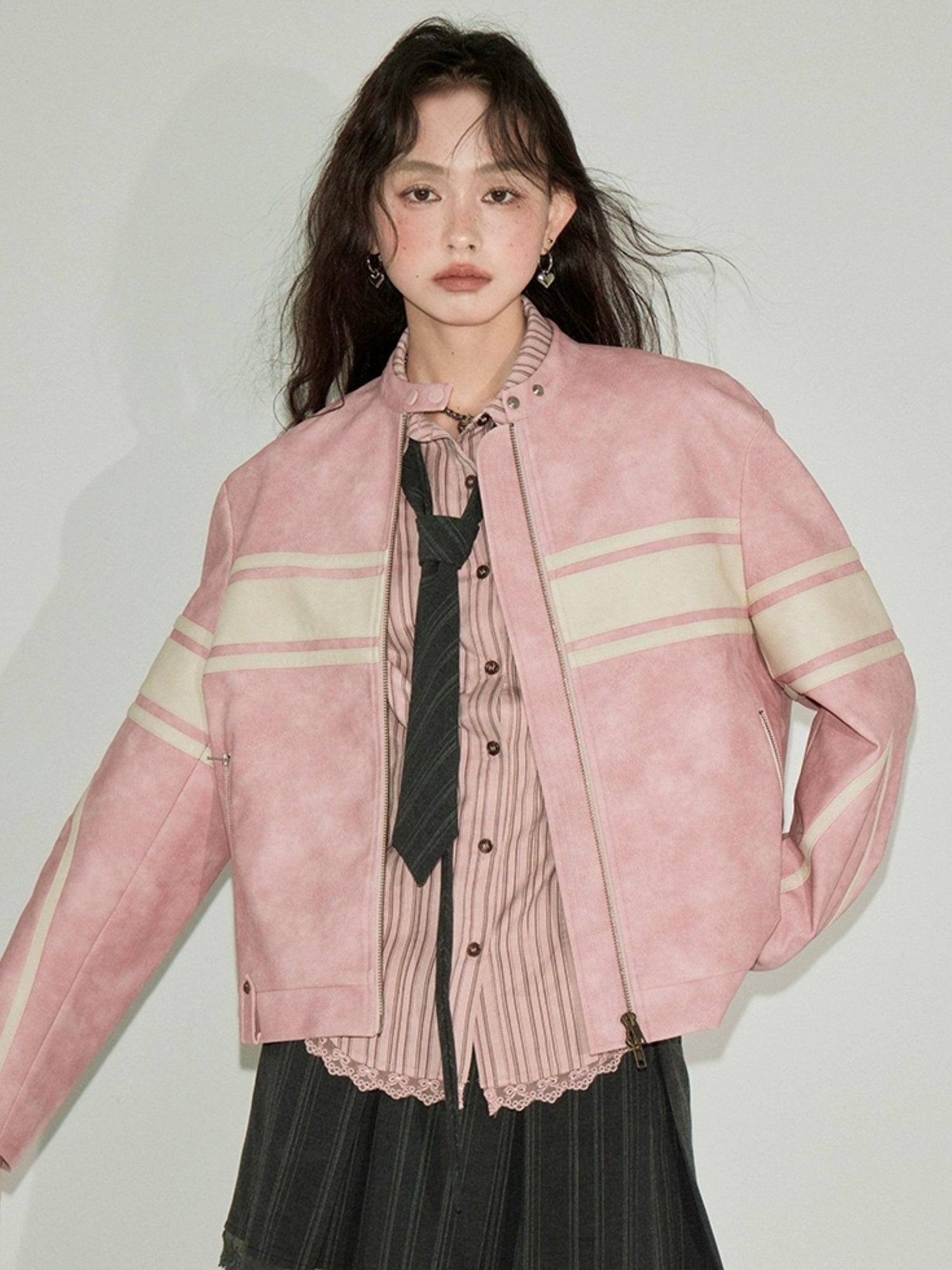 DIDDI MODA Pink White Stripe Vintage Leather Jacket