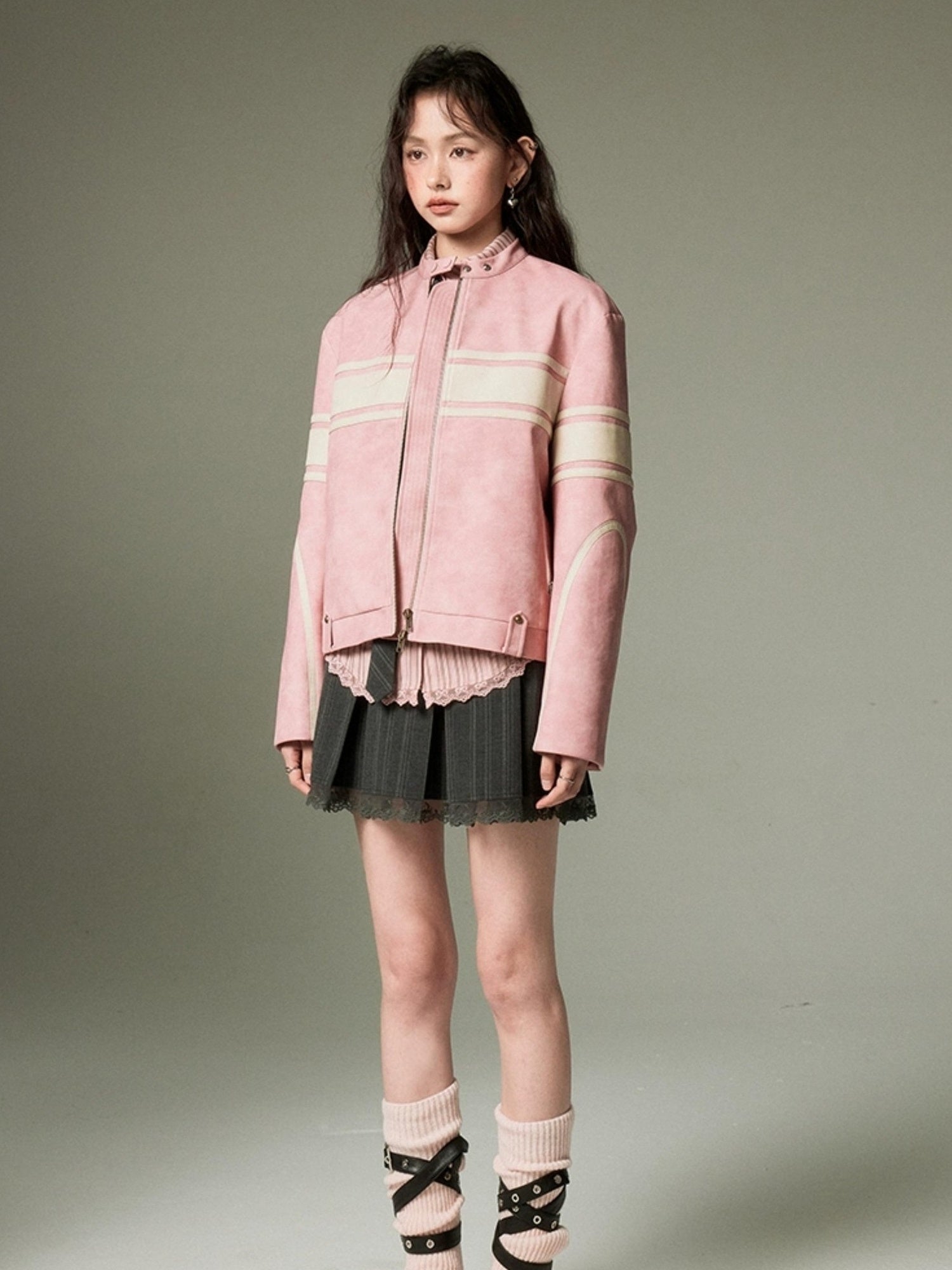 DIDDI MODA Pink White Stripe Vintage Leather Jacket
