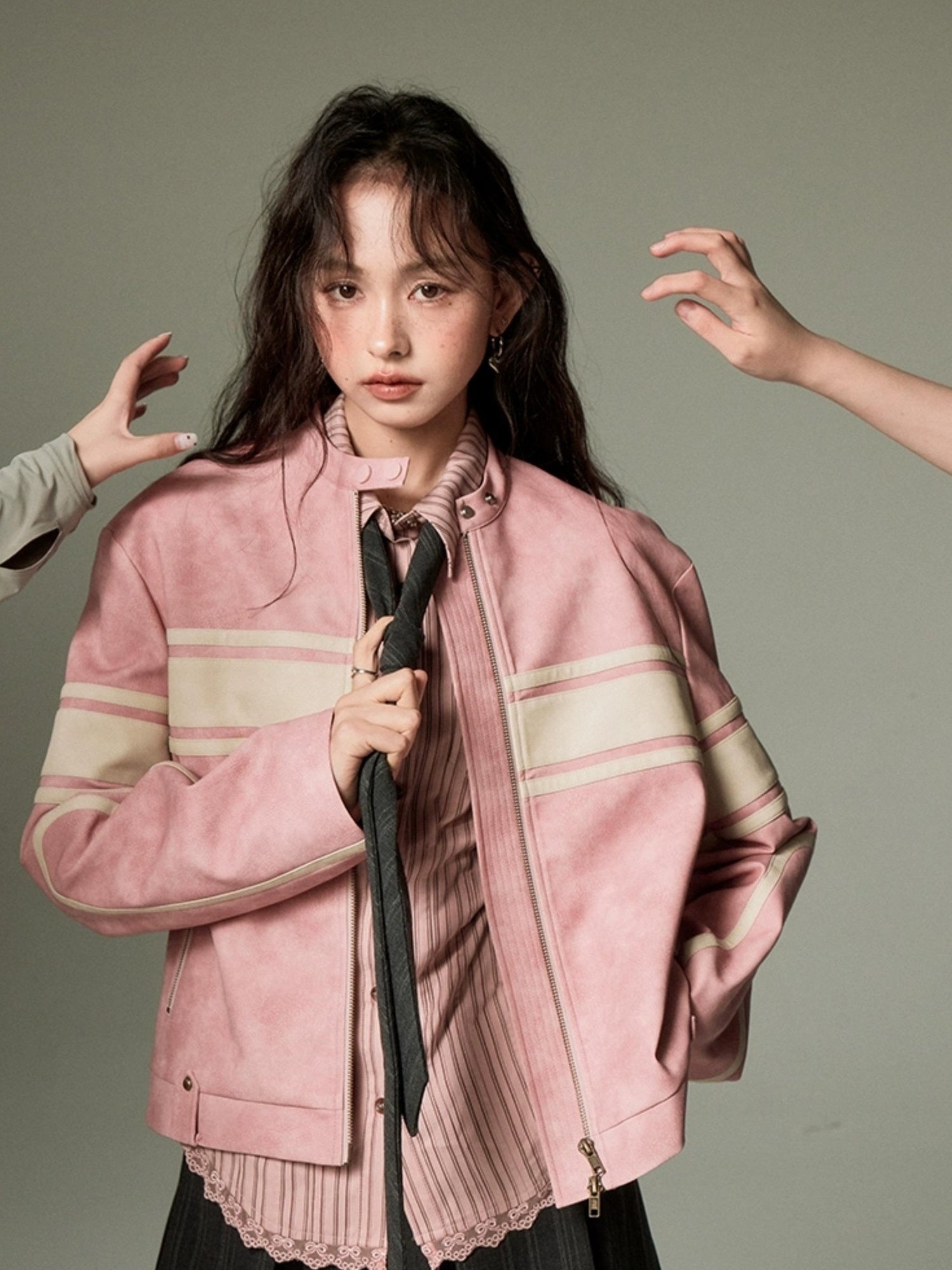DIDDI MODA Pink White Stripe Vintage Leather Jacket
