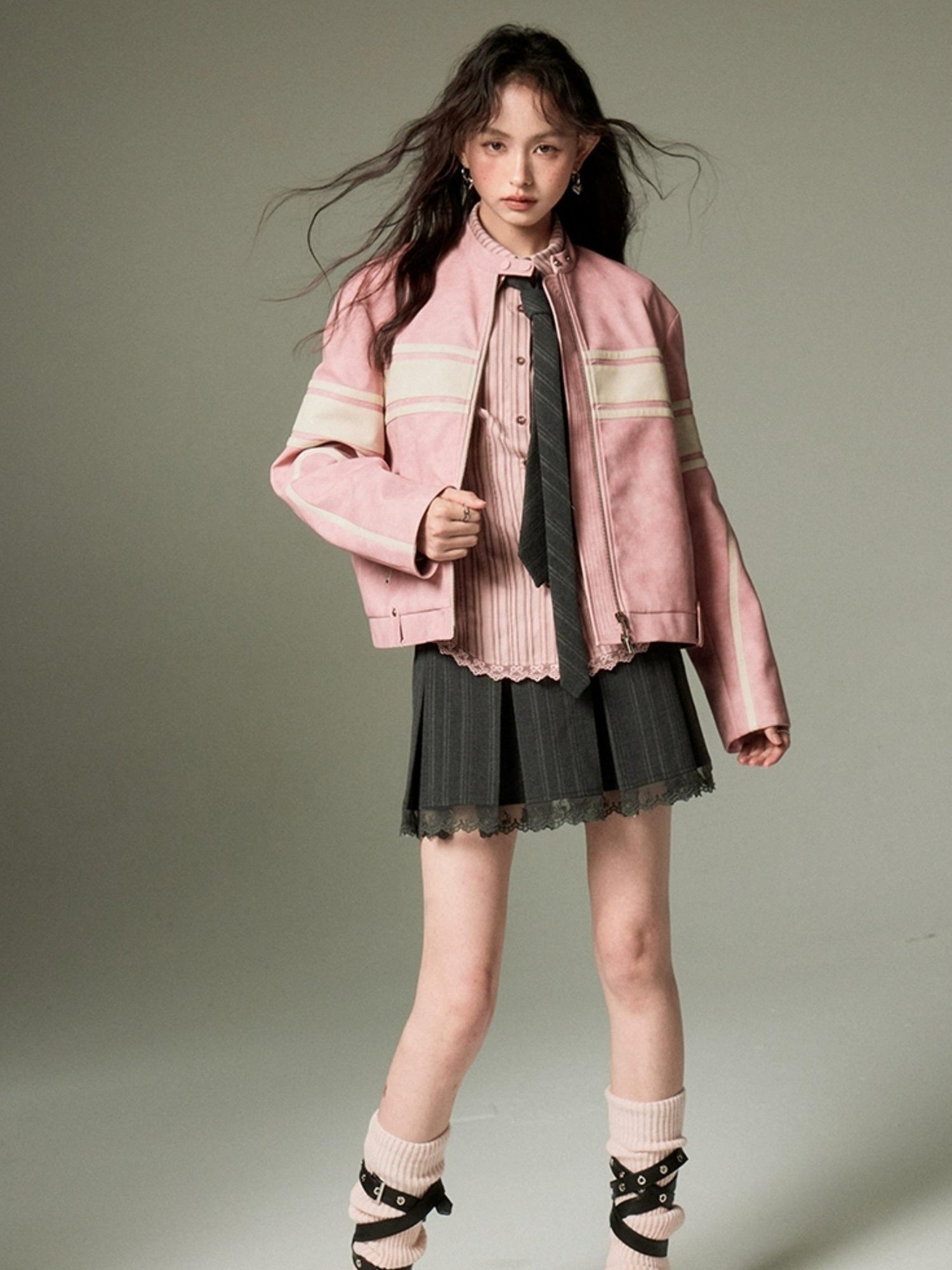 DIDDI MODA Pink White Stripe Vintage Leather Jacket