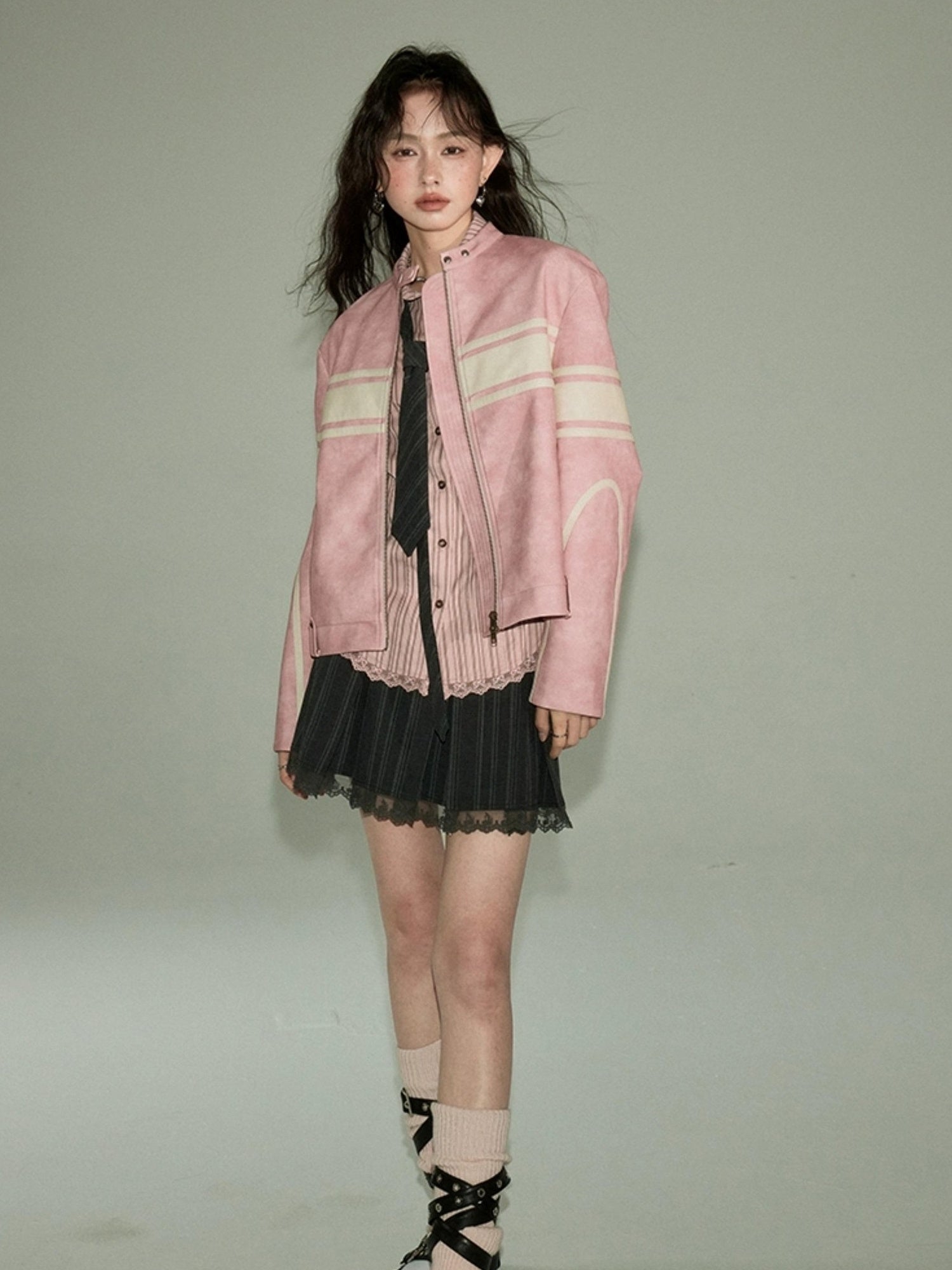 DIDDI MODA Pink White Stripe Vintage Leather Jacket