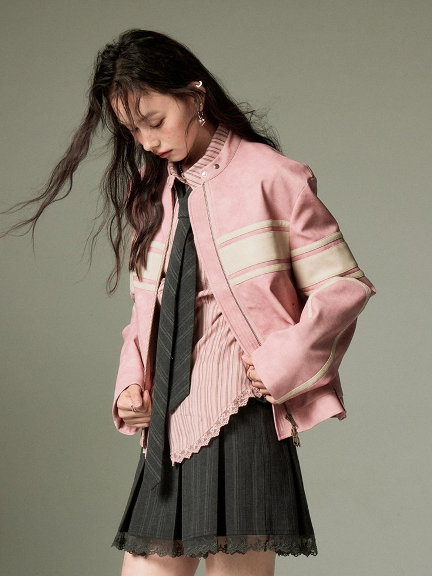 DIDDI MODA Pink White Stripe Vintage Leather Jacket