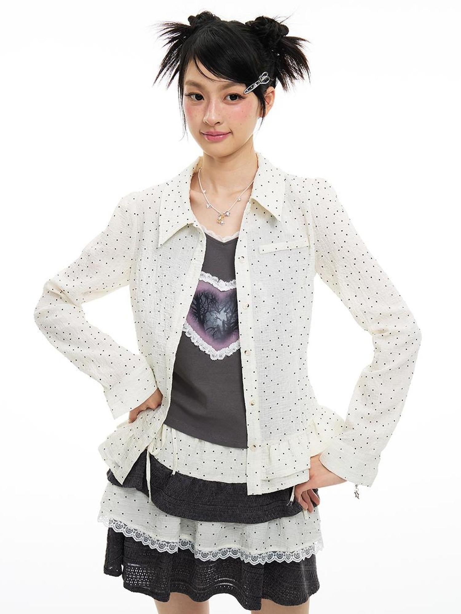 MOMSYCAN FOX LINE Pixel Penitence Two Thousand Twenty Five Spring Dot Blouse Long Sleeve Loose Fit