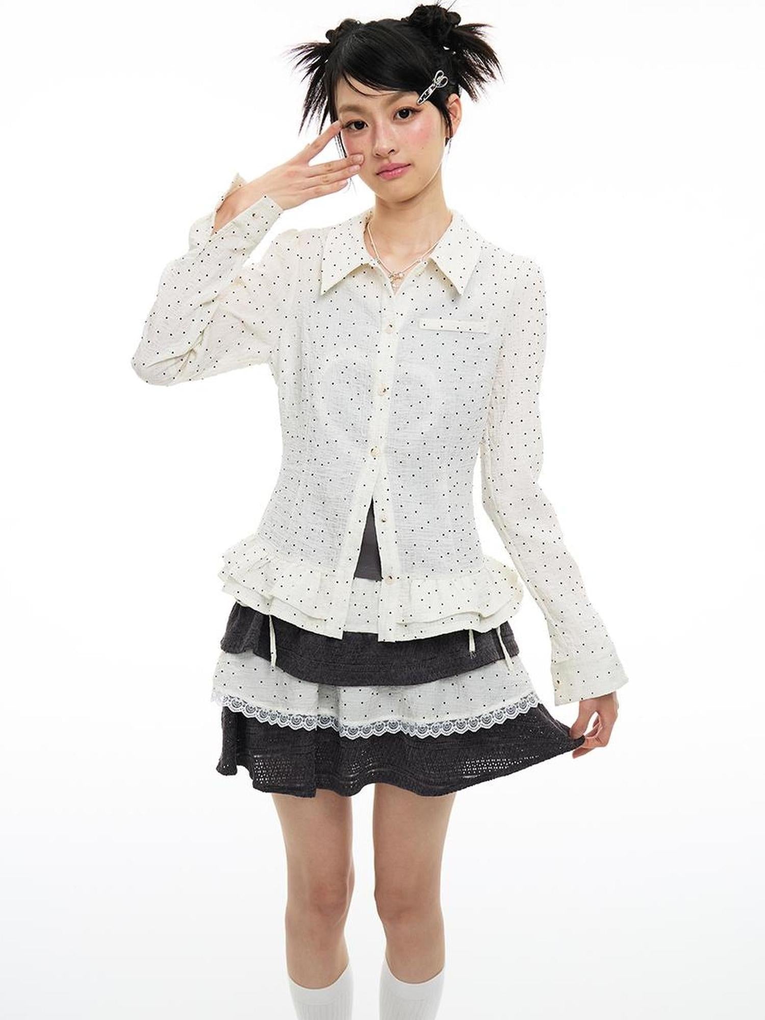 MOMSYCAN FOX LINE Pixel Penitence Two Thousand Twenty Five Spring Dot Blouse Long Sleeve Loose Fit