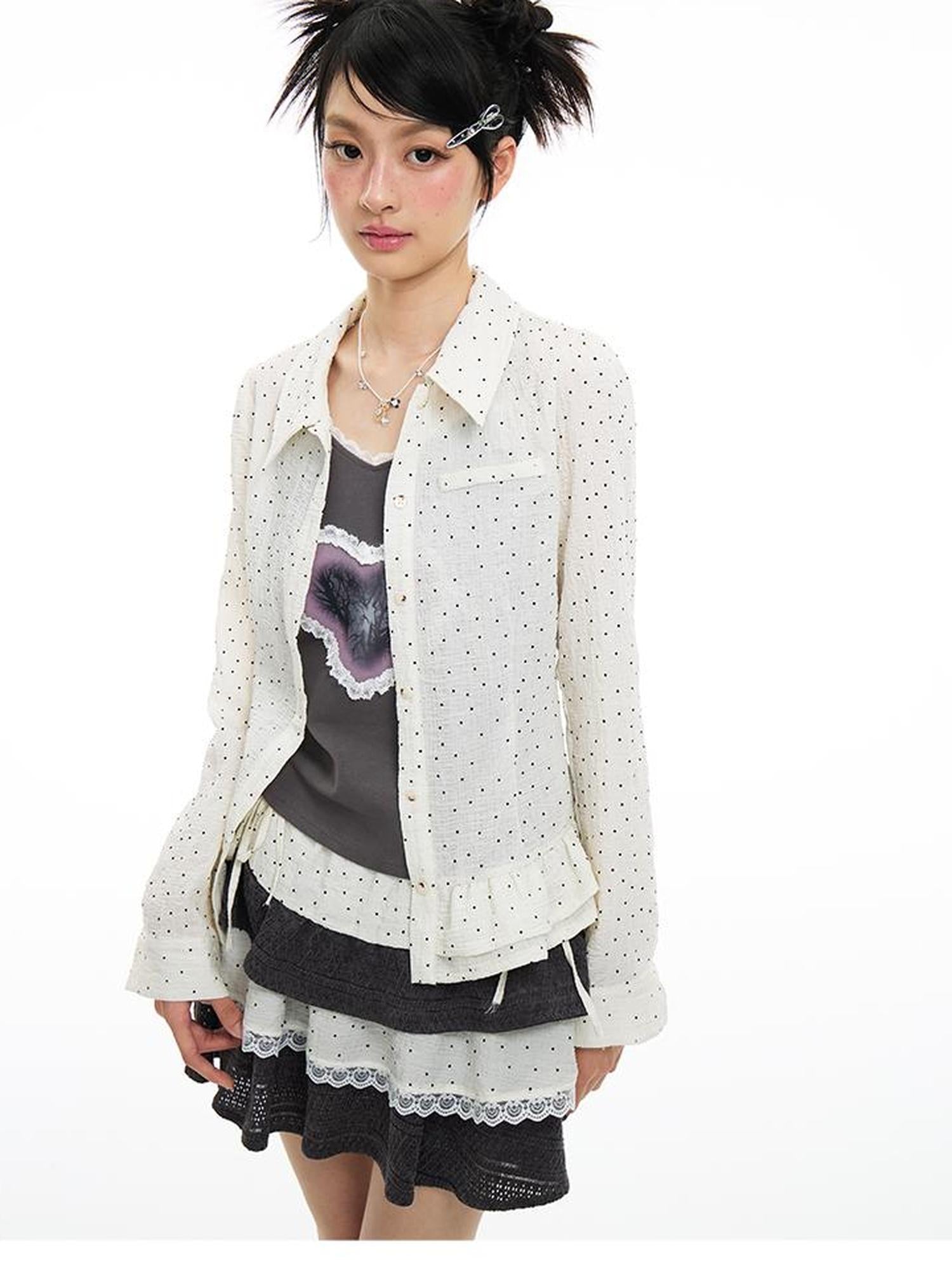 MOMSYCAN FOX LINE Pixel Penitence Two Thousand Twenty Five Spring Dot Blouse Long Sleeve Loose Fit