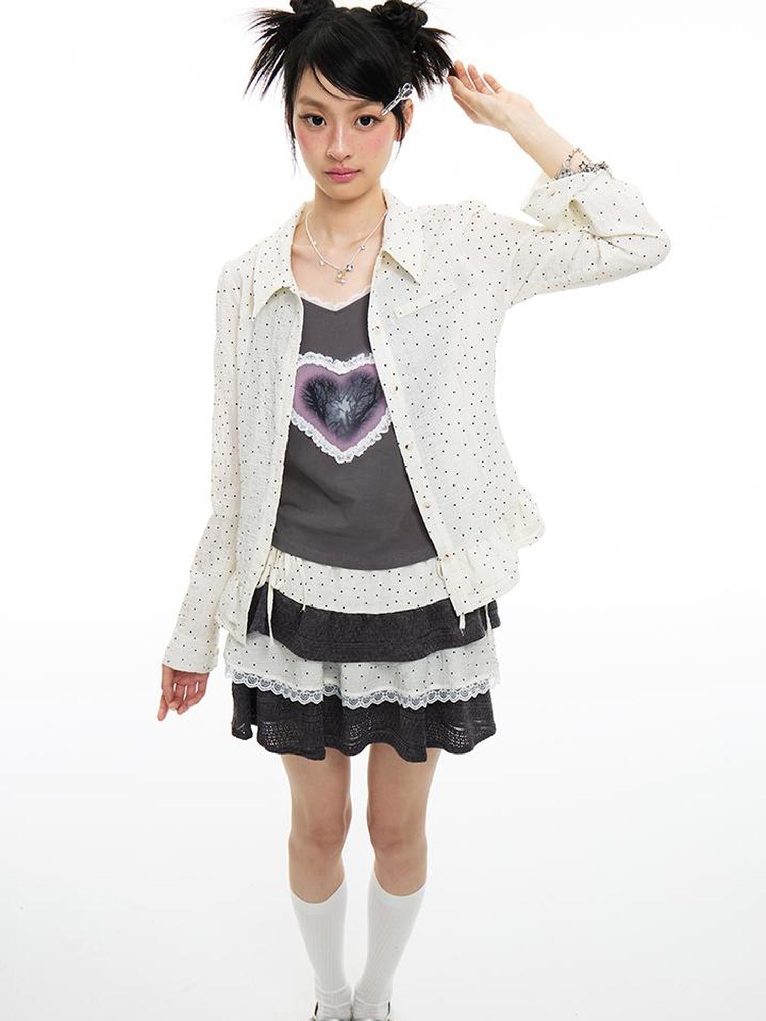 MOMSYCAN FOX LINE Pixel Penitence Two Thousand Twenty Five Spring Dot Blouse Long Sleeve Loose Fit