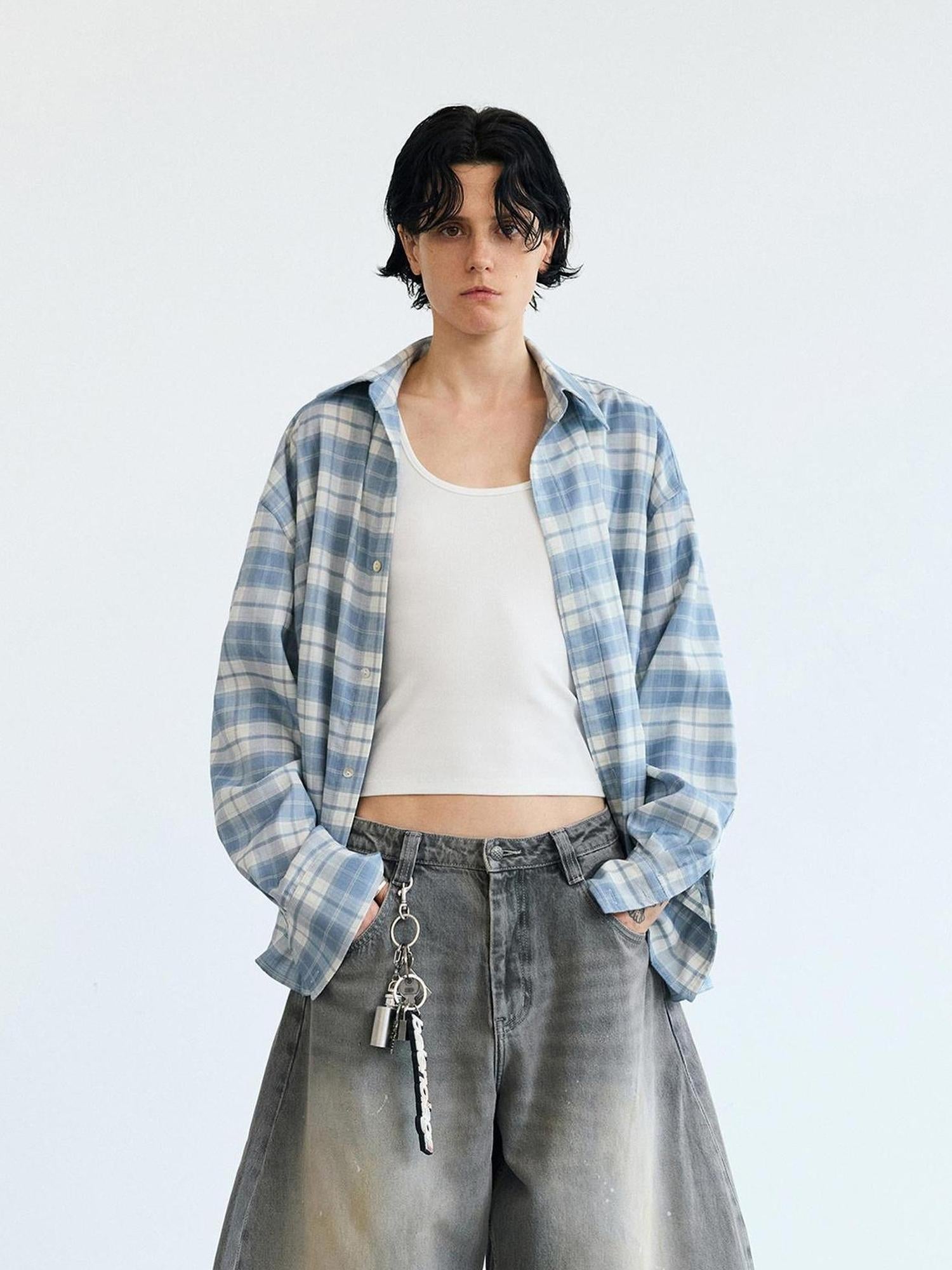 Peoplesense Plaid Blue Loose Fit Long Sleeve Shirt Jacket Sun Protection