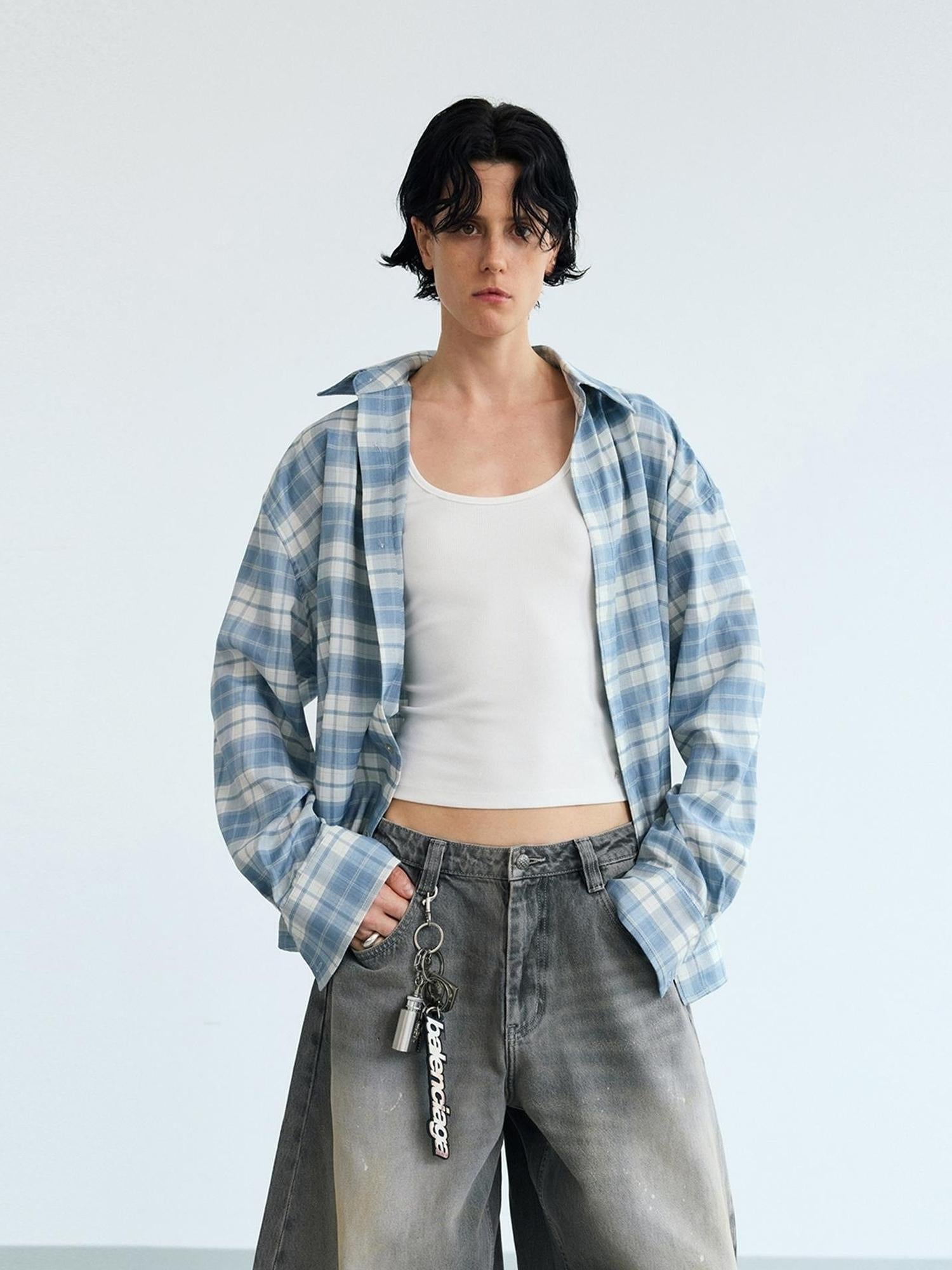 Peoplesense Plaid Blue Loose Fit Long Sleeve Shirt Jacket Sun Protection