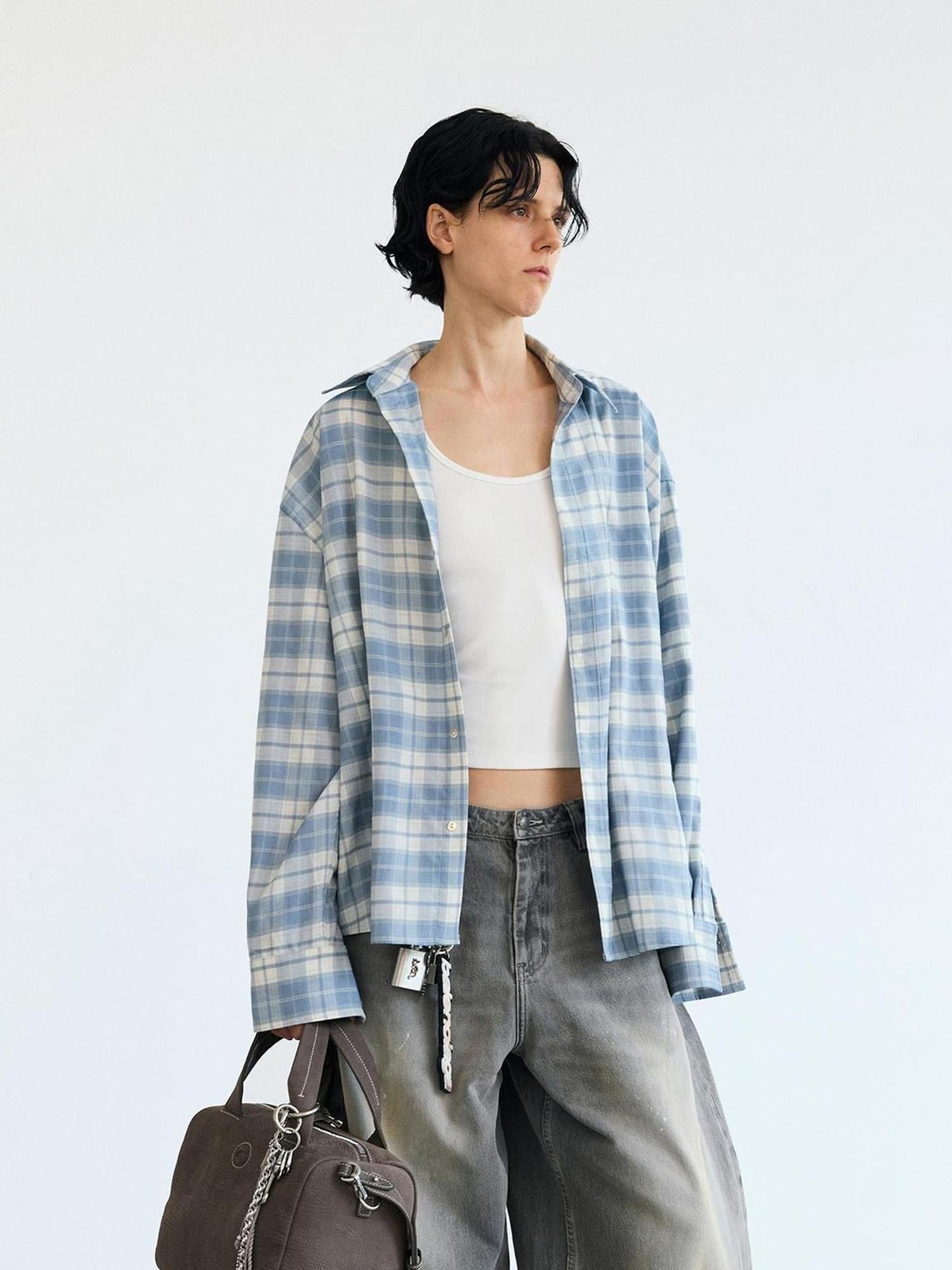 Peoplesense Plaid Blue Loose Fit Long Sleeve Shirt Jacket Sun Protection
