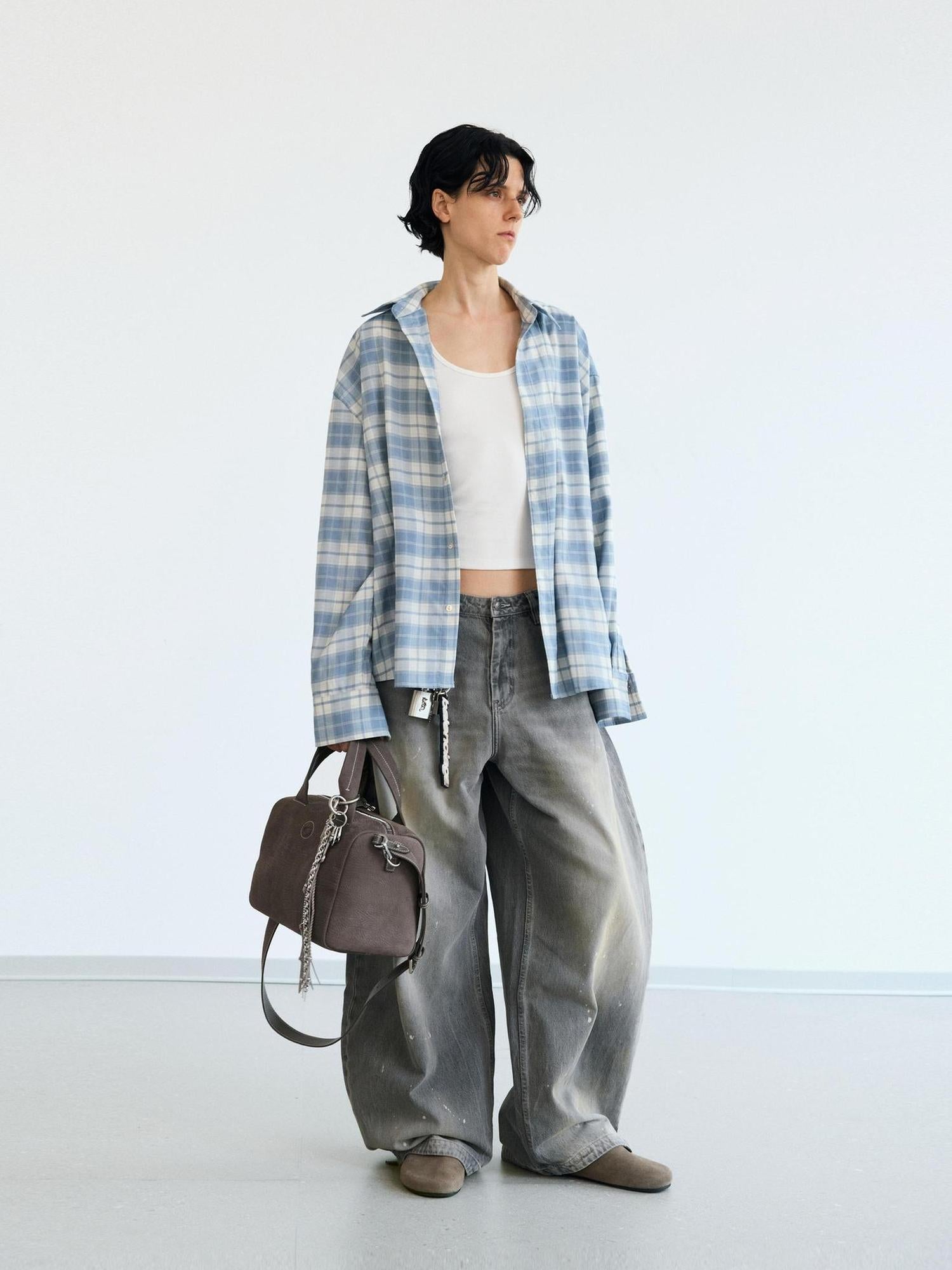 Peoplesense Plaid Blue Loose Fit Long Sleeve Shirt Jacket Sun Protection