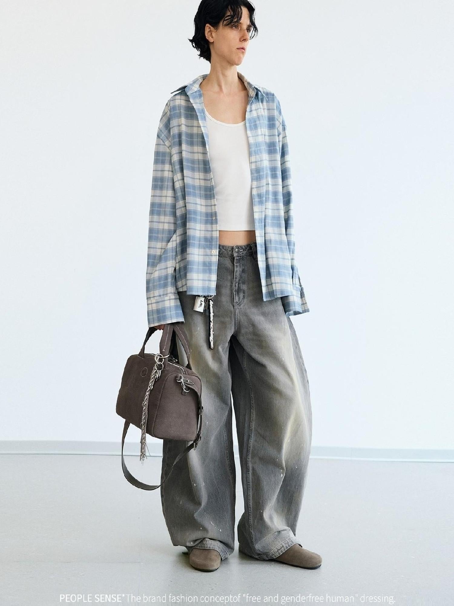 Peoplesense Plaid Blue Loose Fit Long Sleeve Shirt Jacket Sun Protection