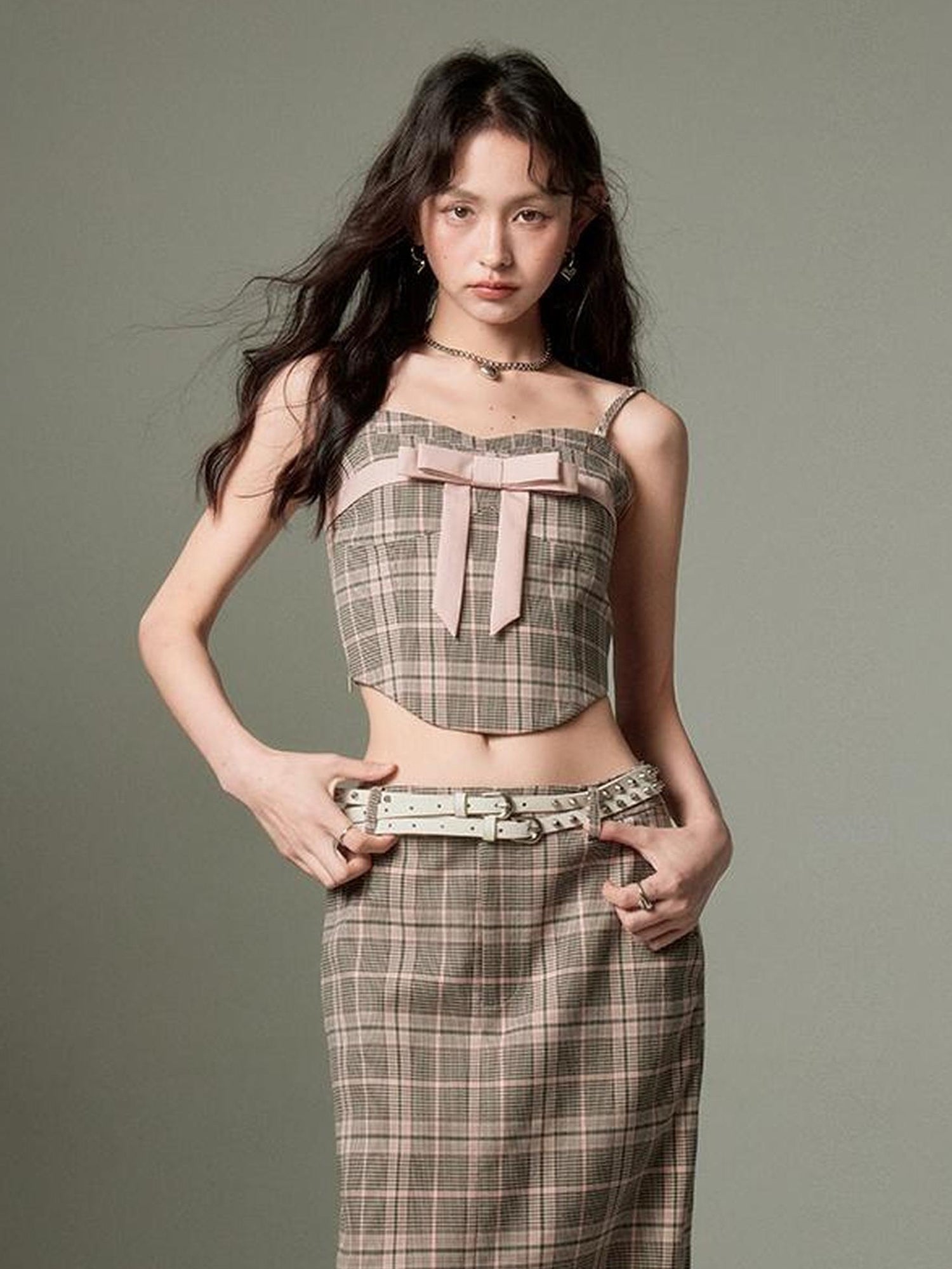 DIDDI MODA Plaid Bow Tie Bustier A Line Maxi Skirt Set