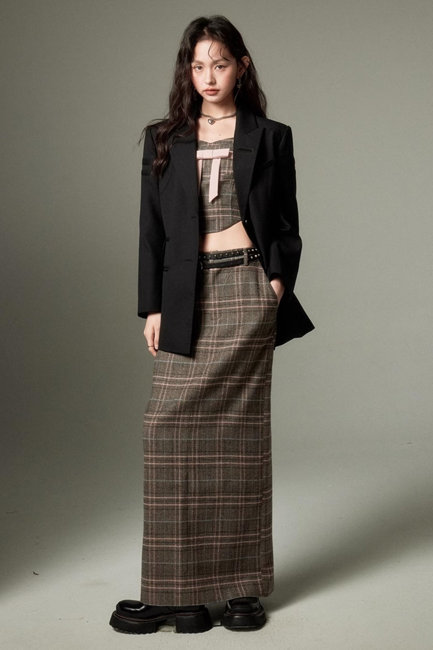 DIDDI MODA Plaid Bow Tie Bustier A Line Maxi Skirt Set