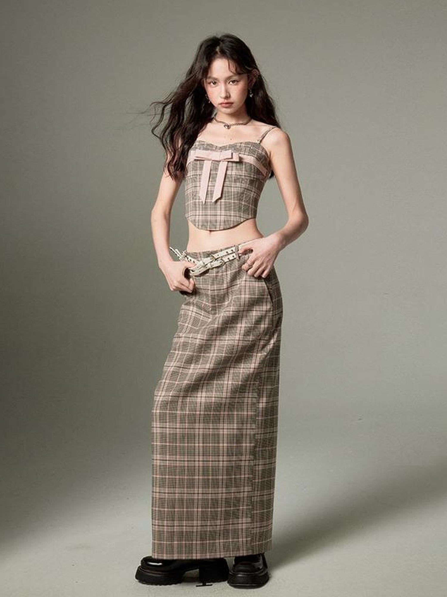 DIDDI MODA Plaid Bow Tie Bustier A Line Maxi Skirt Set