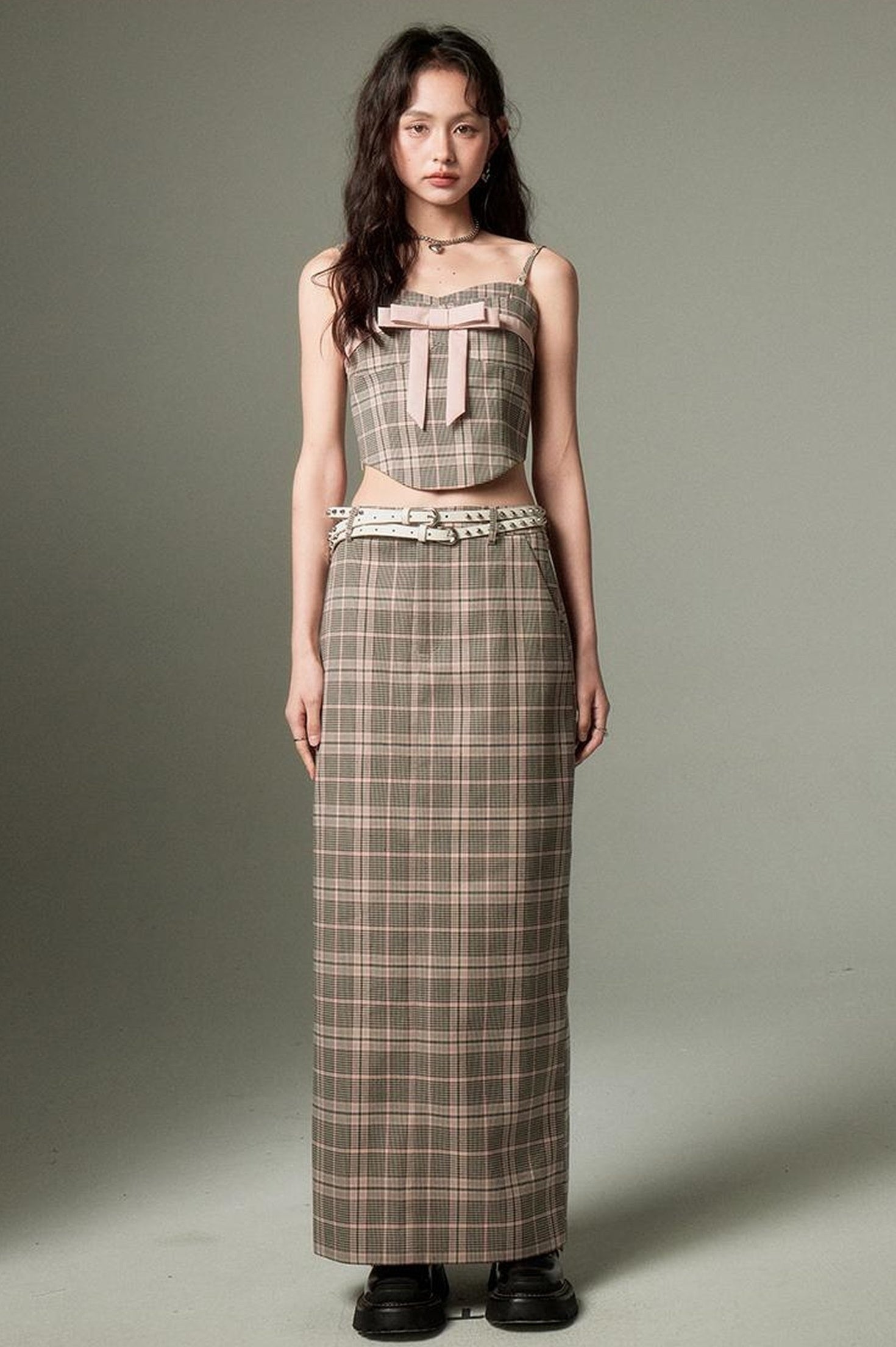 DIDDI MODA Plaid Bow Tie Bustier A Line Maxi Skirt Set