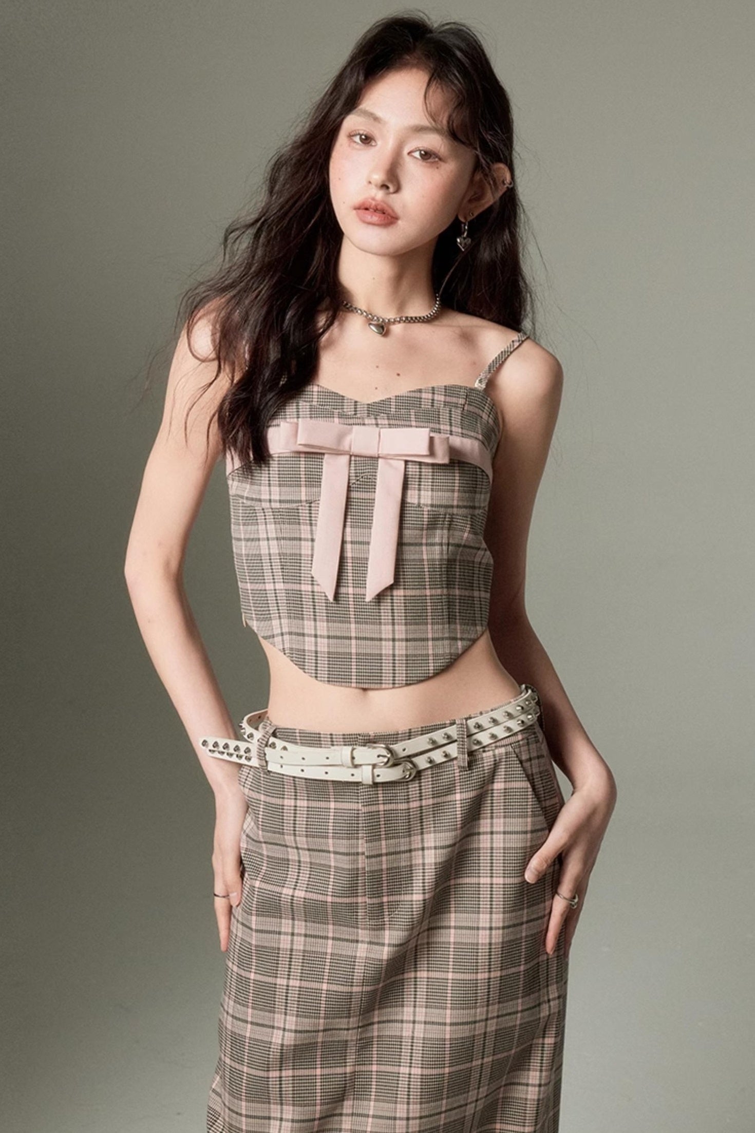 DIDDI MODA Plaid Bow Tie Bustier A Line Maxi Skirt Set