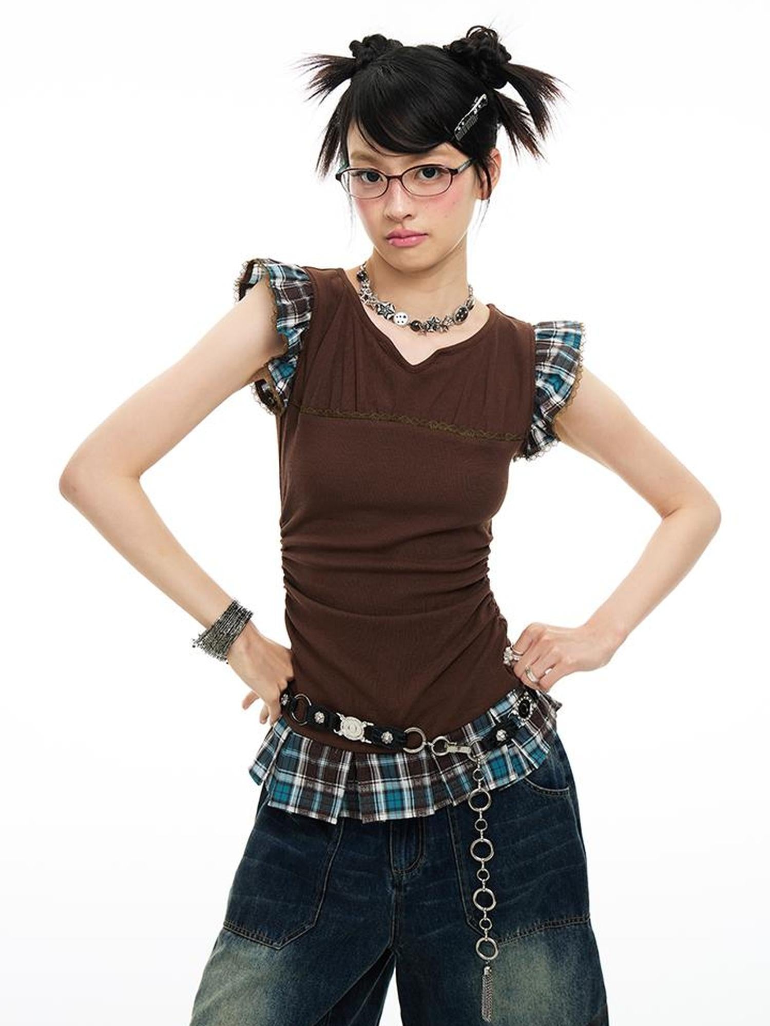 MOMSYCAN FOX LINE Plaid Contrast V Neck Slim Fit Tee With Side Slits