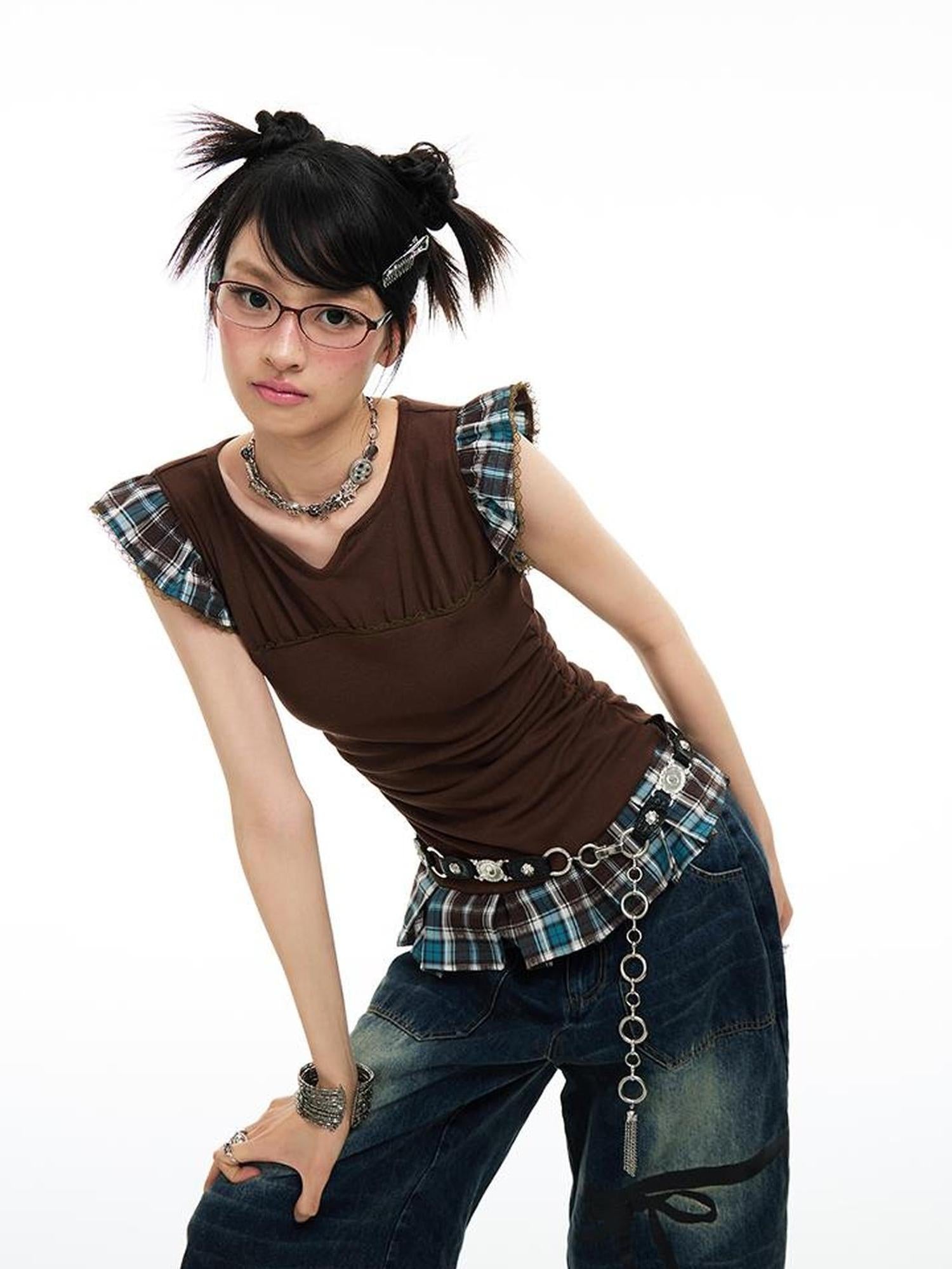 MOMSYCAN FOX LINE Plaid Contrast V Neck Slim Fit Tee With Side Slits