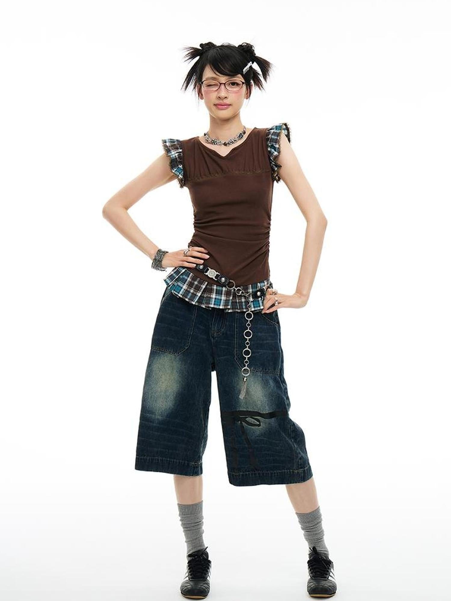 MOMSYCAN FOX LINE Plaid Contrast V Neck Slim Fit Tee With Side Slits