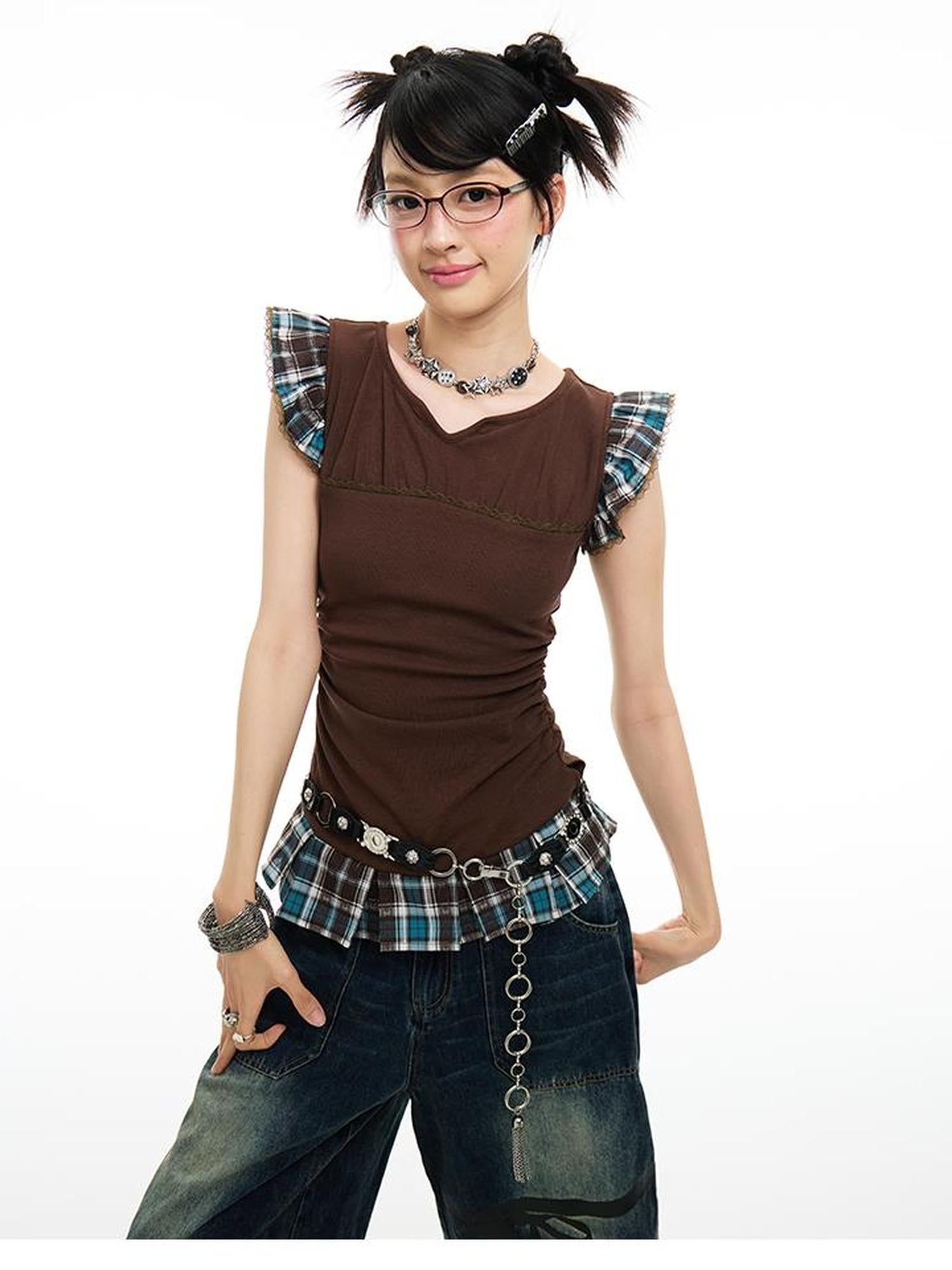 MOMSYCAN FOX LINE Plaid Contrast V Neck Slim Fit Tee With Side Slits