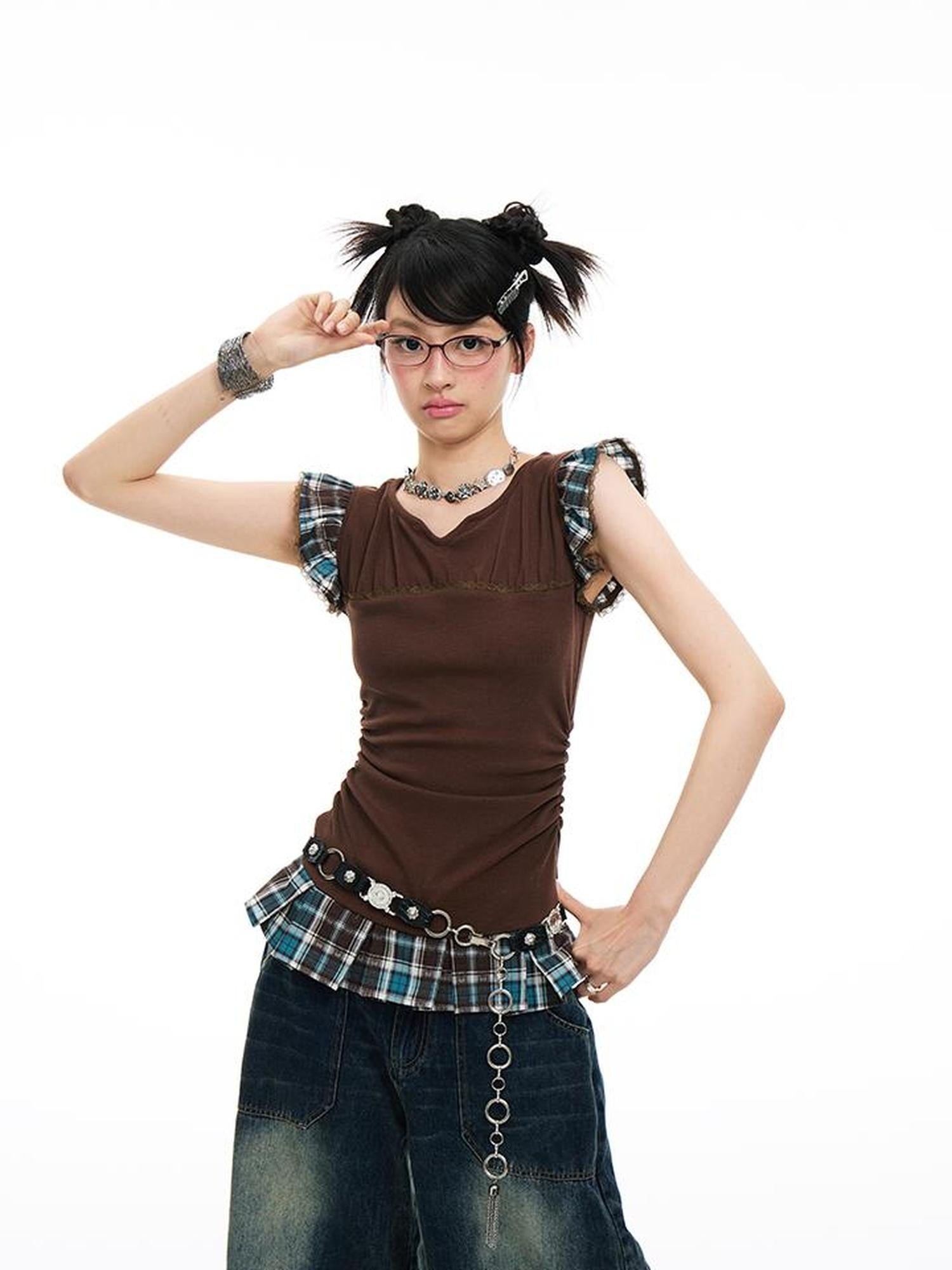 MOMSYCAN FOX LINE Plaid Contrast V Neck Slim Fit Tee With Side Slits
