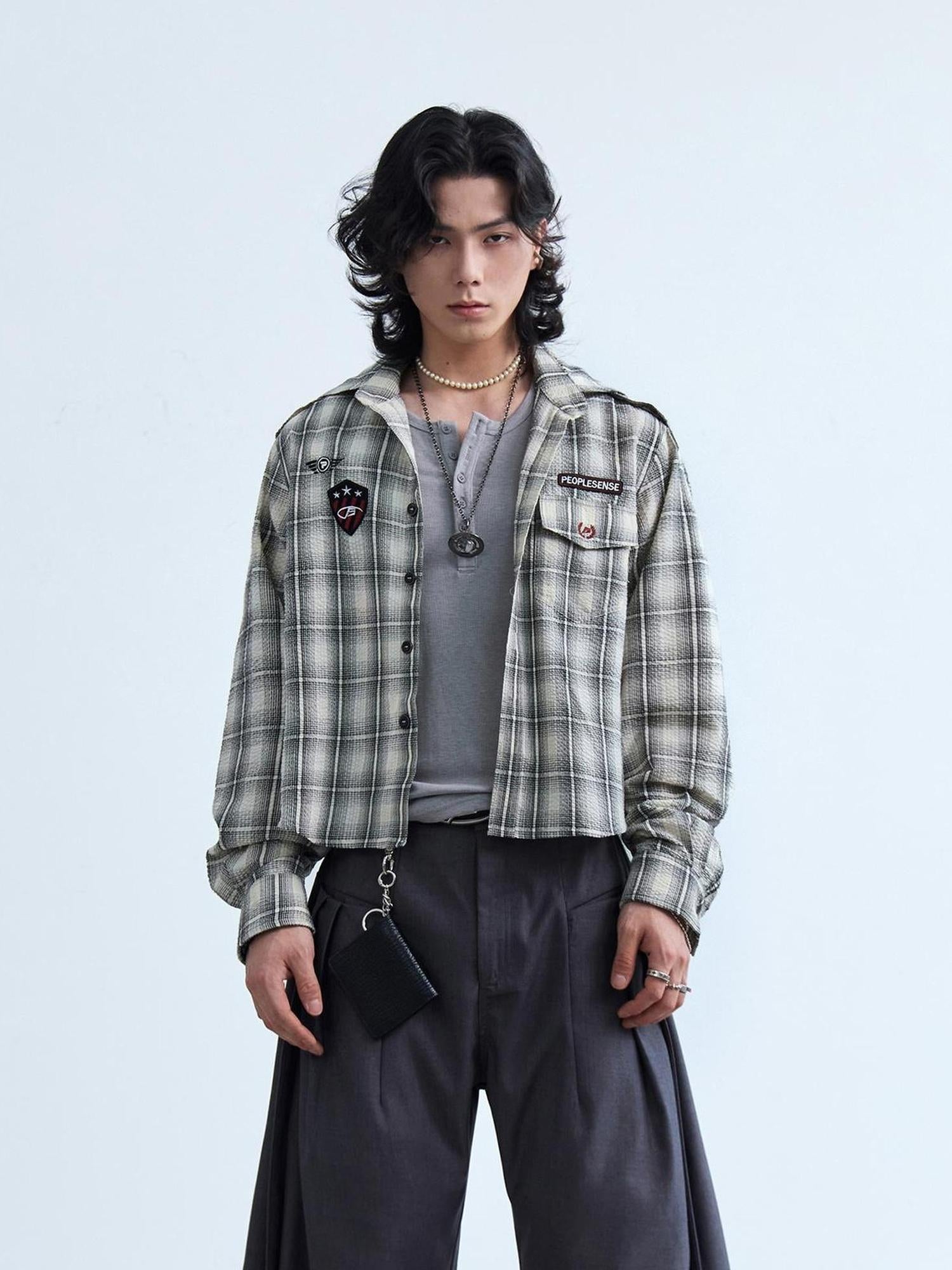 Peoplesense Plaid Embroidered Oversized Hooded Shirt Jacket