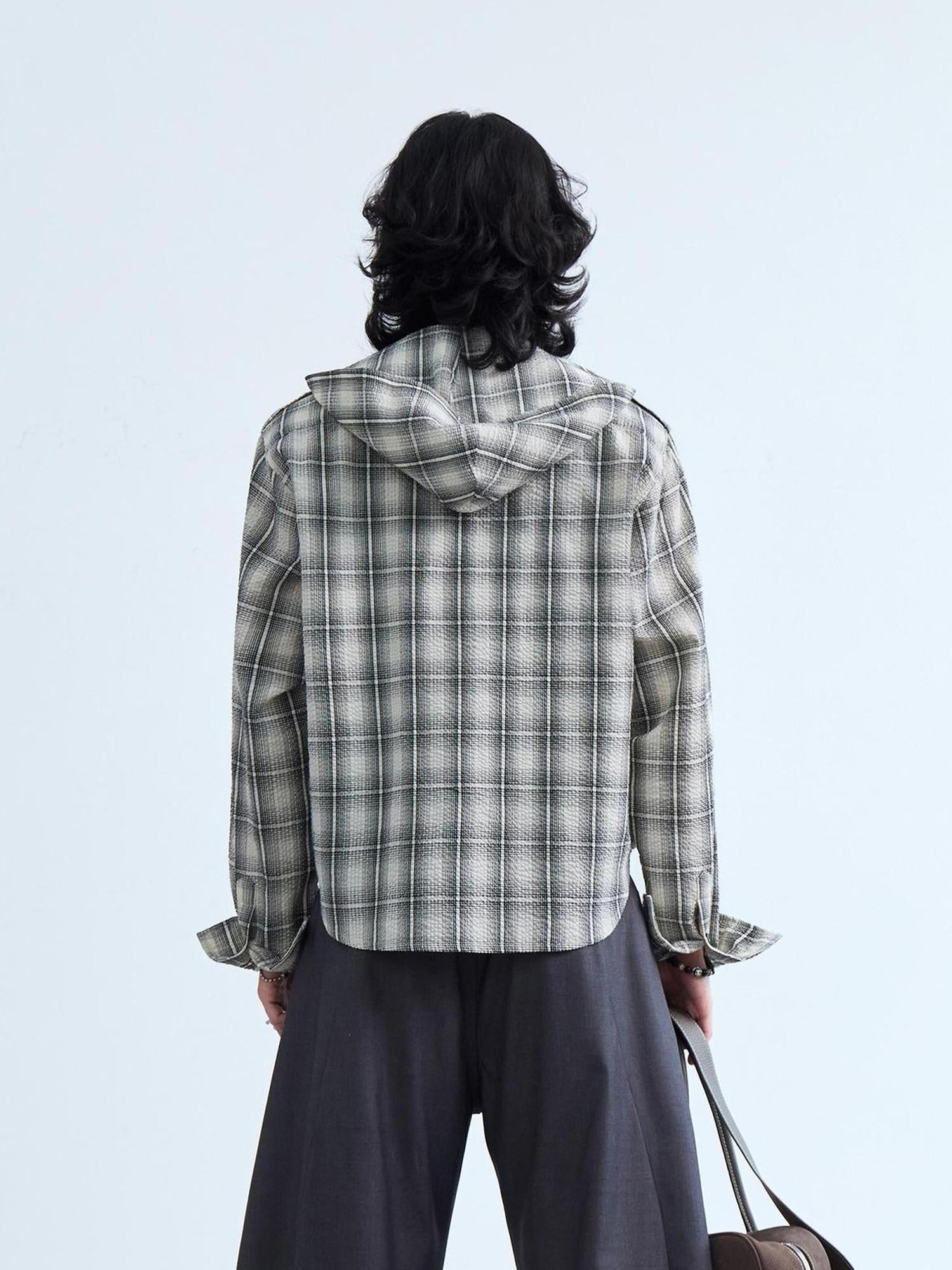 Peoplesense Plaid Embroidered Oversized Hooded Shirt Jacket