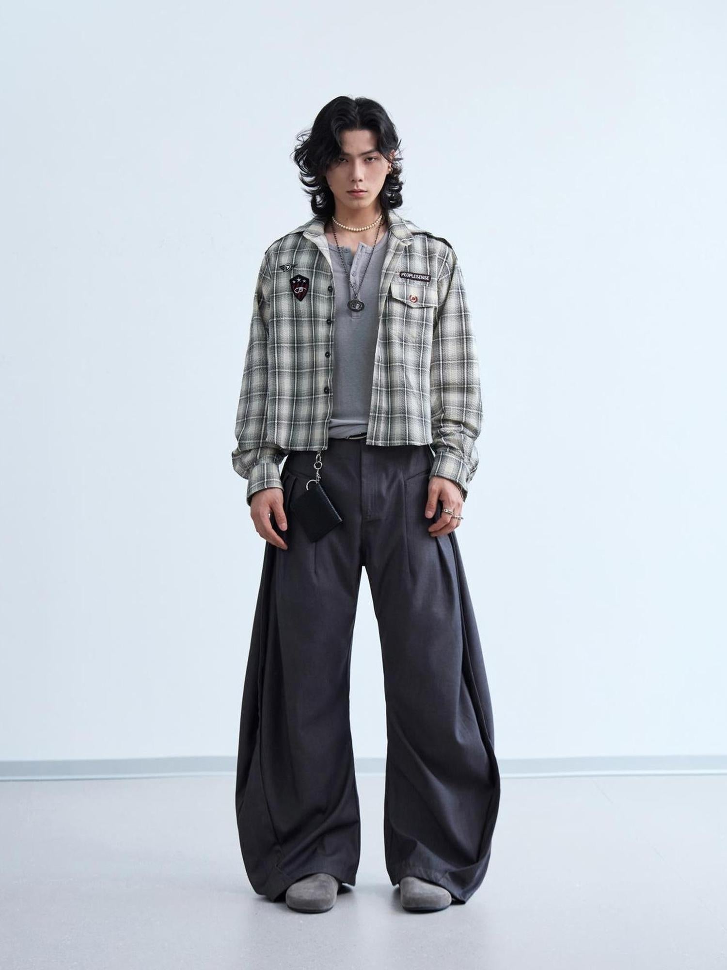 Peoplesense Plaid Embroidered Oversized Hooded Shirt Jacket