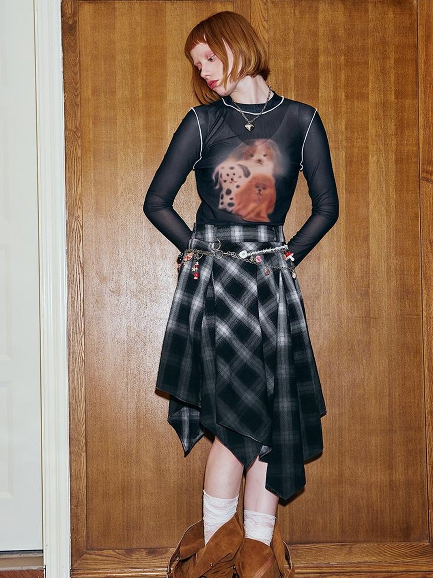 DIDDI MODA Plaid Gradient Asymmetrical Skirt