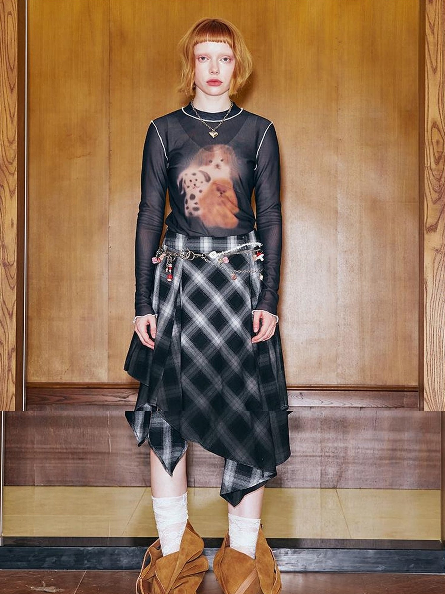 DIDDI MODA Plaid Gradient Asymmetrical Skirt