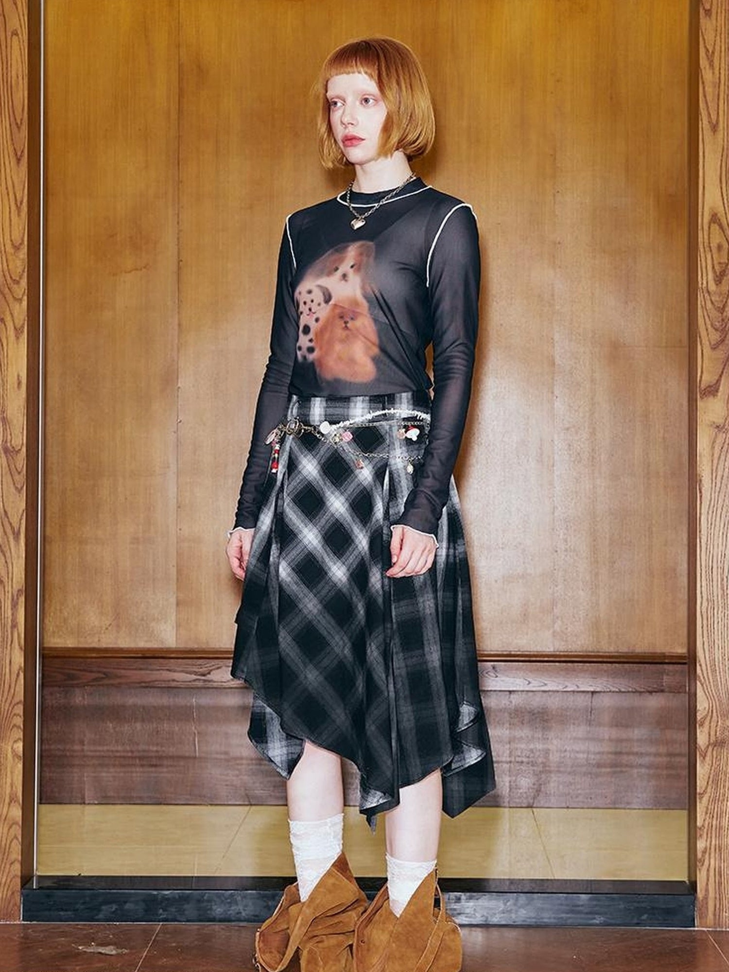 DIDDI MODA Plaid Gradient Asymmetrical Skirt