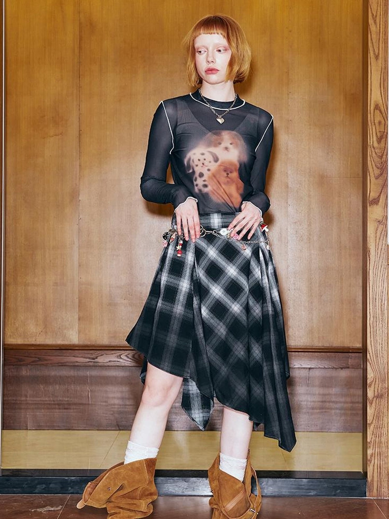 DIDDI MODA Plaid Gradient Asymmetrical Skirt