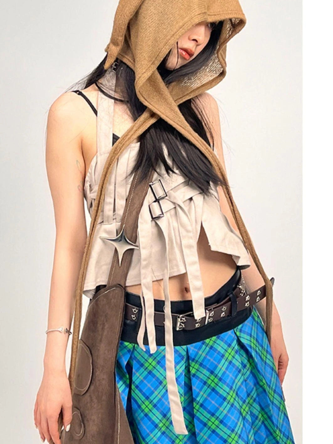 Plaid Patchwork Blue Green Pleated Skirt Jk