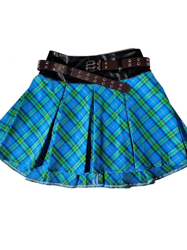 Plaid Patchwork Blue Green Pleated Skirt Jk