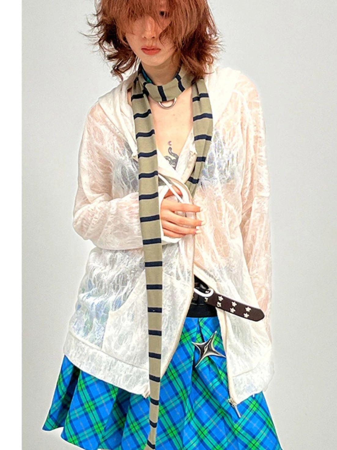 Plaid Patchwork Blue Green Pleated Skirt Jk