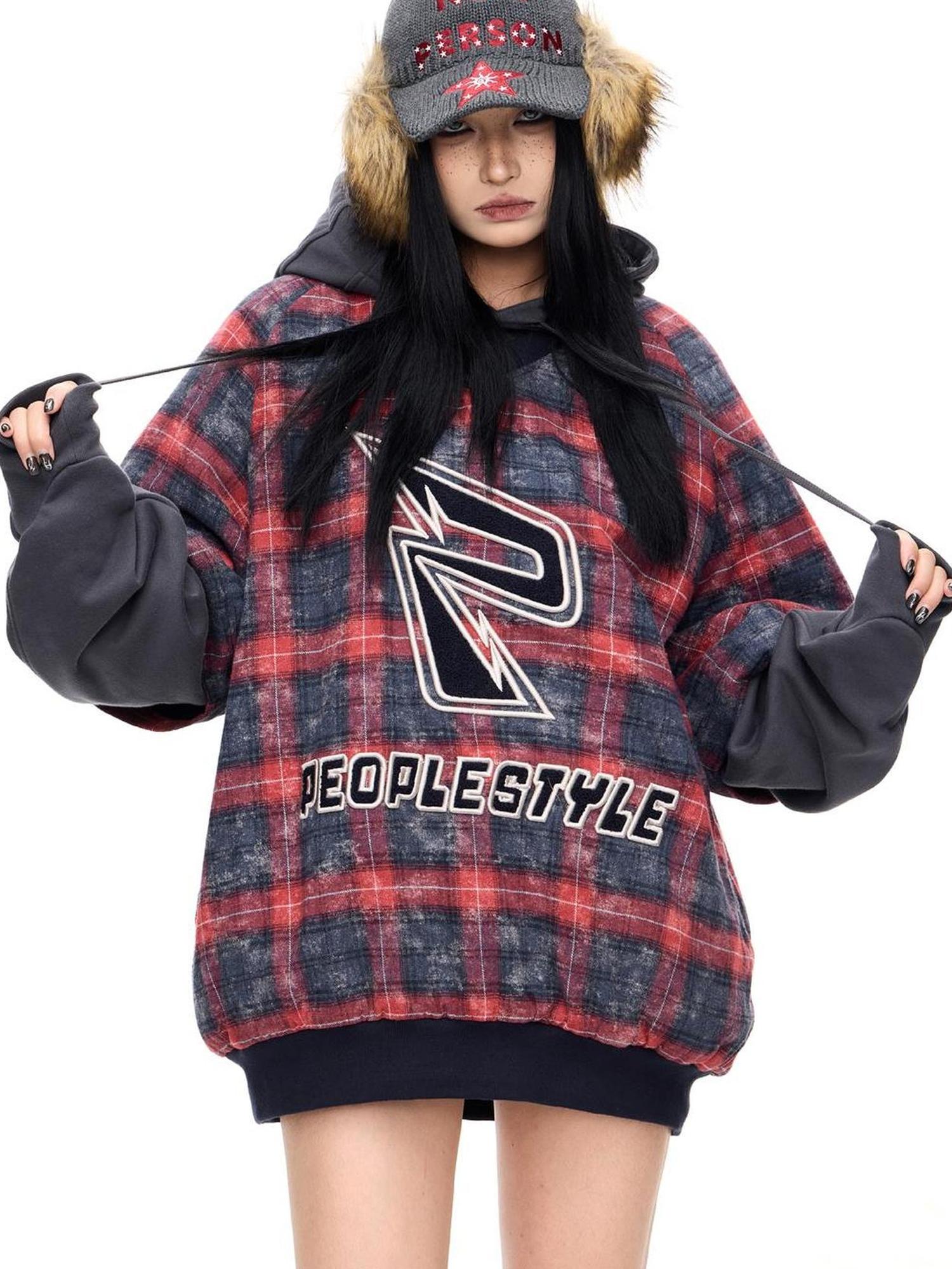 Peoplesense Plaid Polar Fleece Detachable Thermal Couple Oversized Sweatshirt