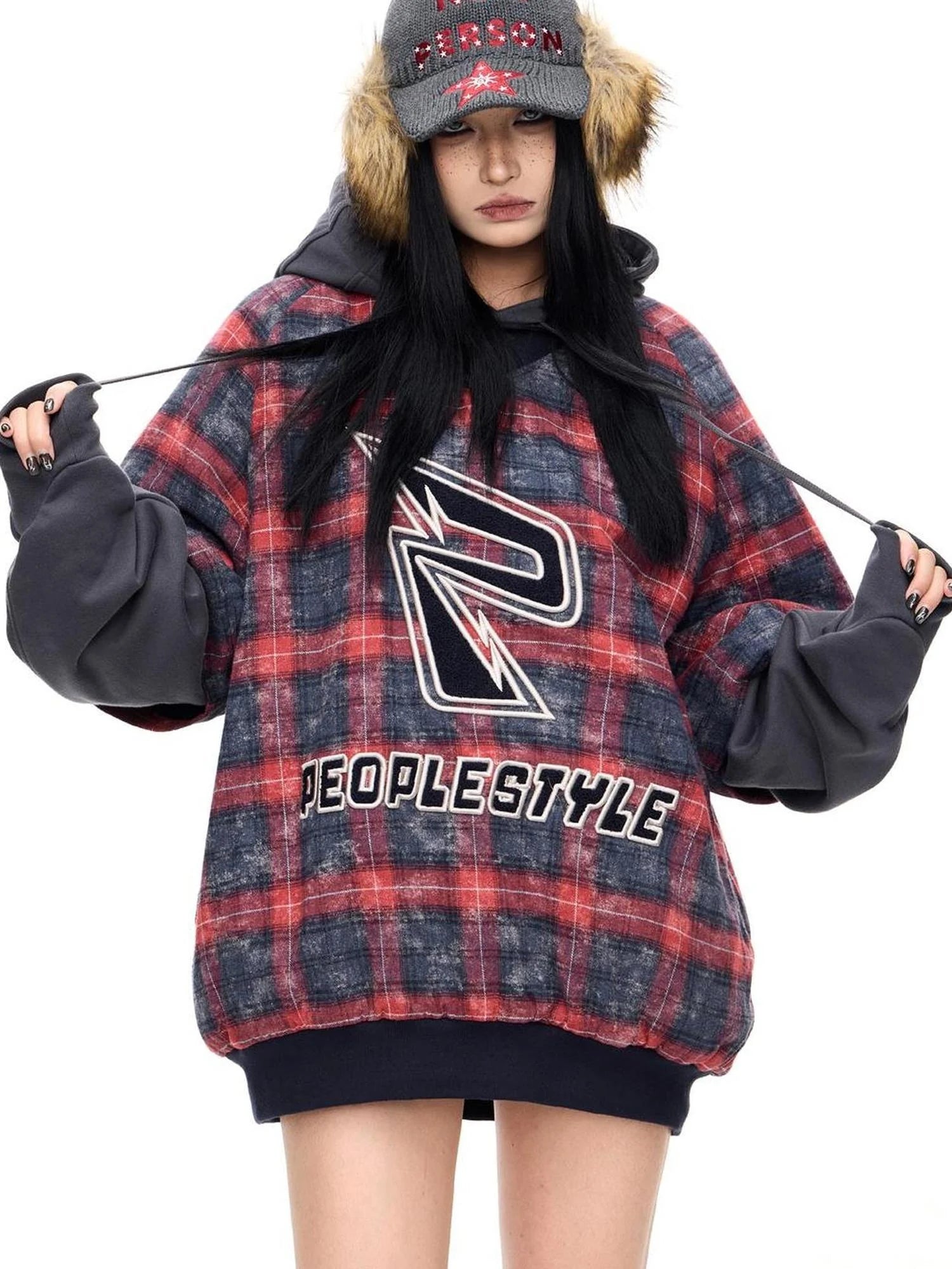 Plaid Polar Fleece Detachable Thermal Couple Oversized Sweatshirt