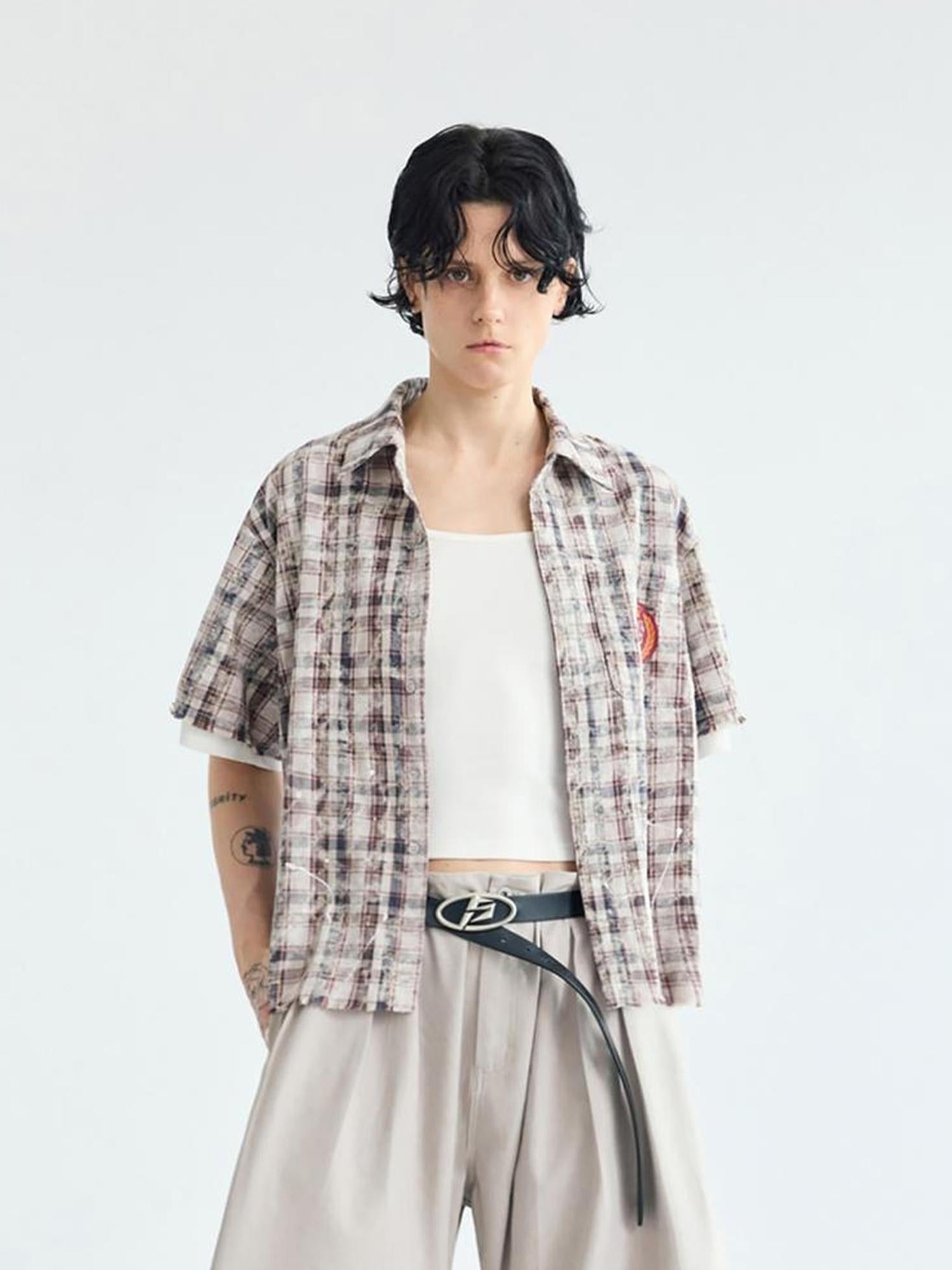 Peoplesense Plaid Two Piece Short Sleeve Cotton Shirt With Polo Collar