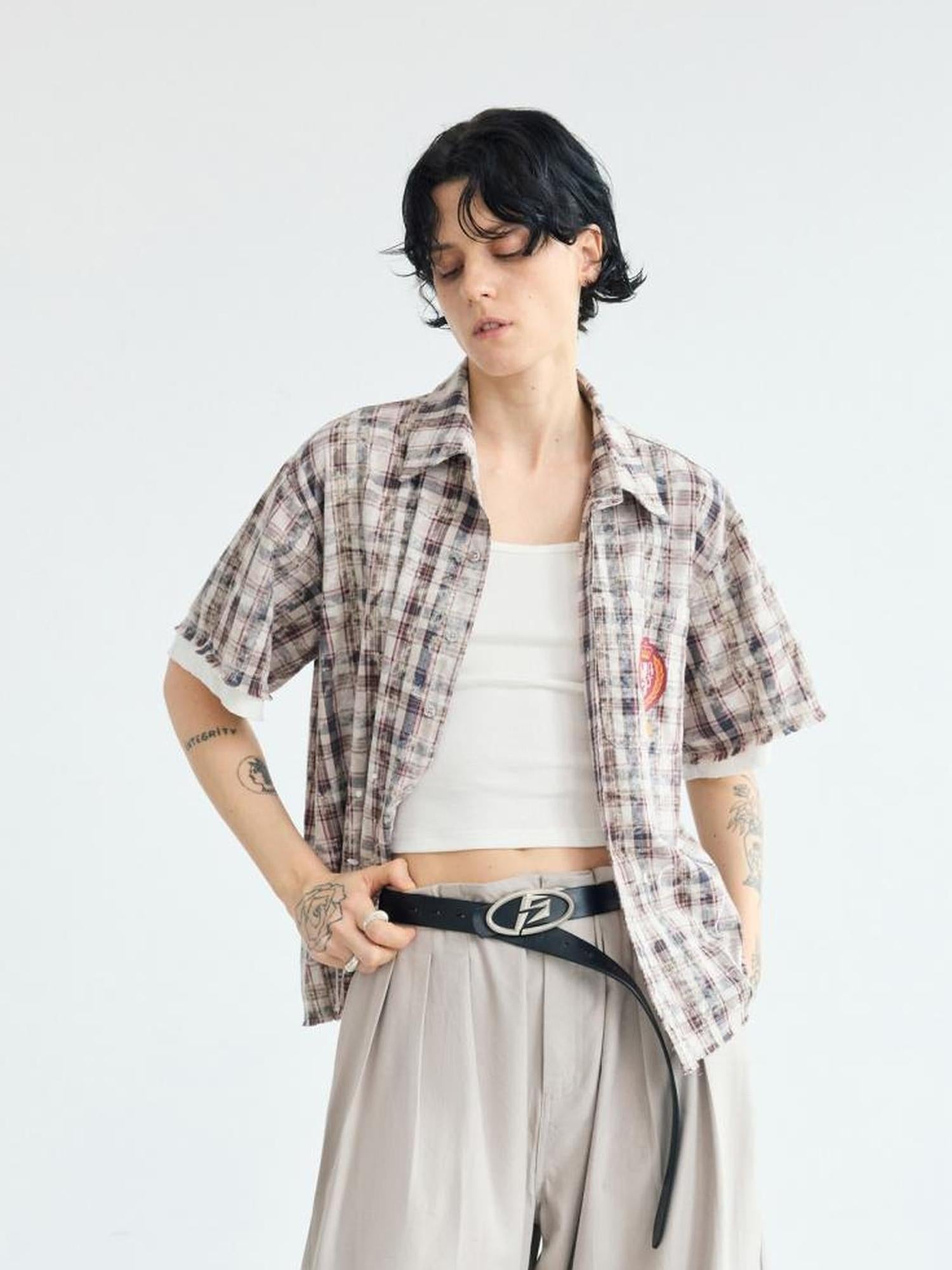 Peoplesense Plaid Two Piece Short Sleeve Cotton Shirt With Polo Collar