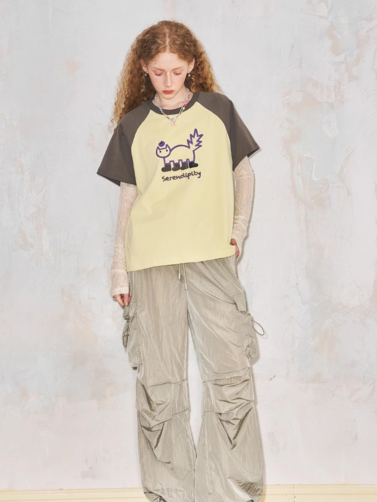 DIDDI MODA Playful Colorblock Cartoon Toothbrush Embroidery Cotton Tee