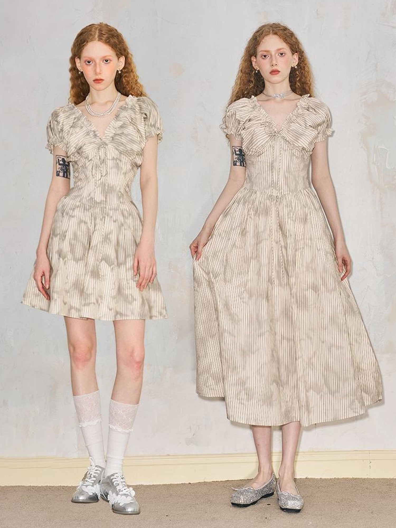 DIDDI MODA Playful V Neck Bubble Sleeve Floral Midi Dress