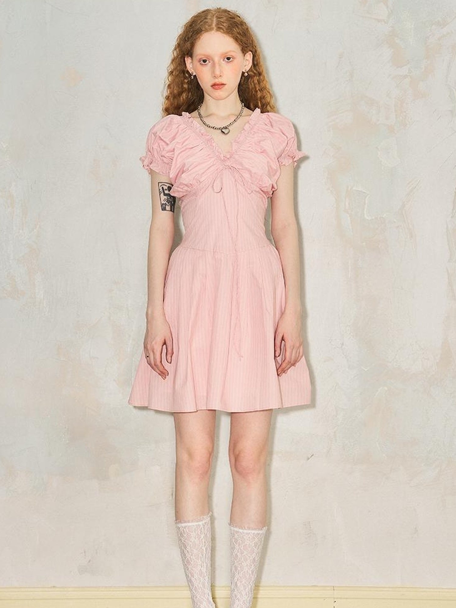 DIDDI MODA Playful V Neck Bubble Sleeve Floral Midi Dress