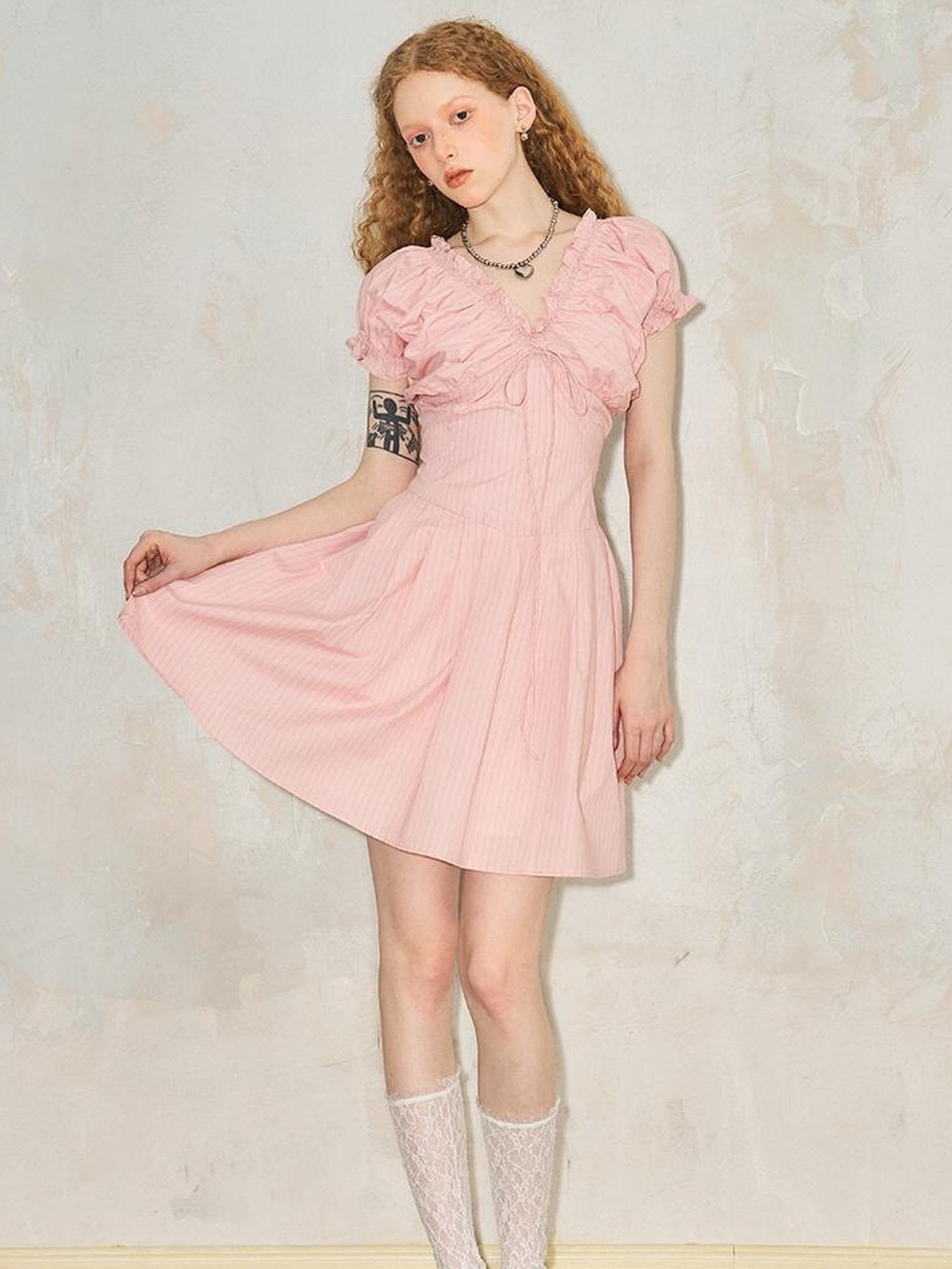 DIDDI MODA Playful V Neck Bubble Sleeve Floral Midi Dress