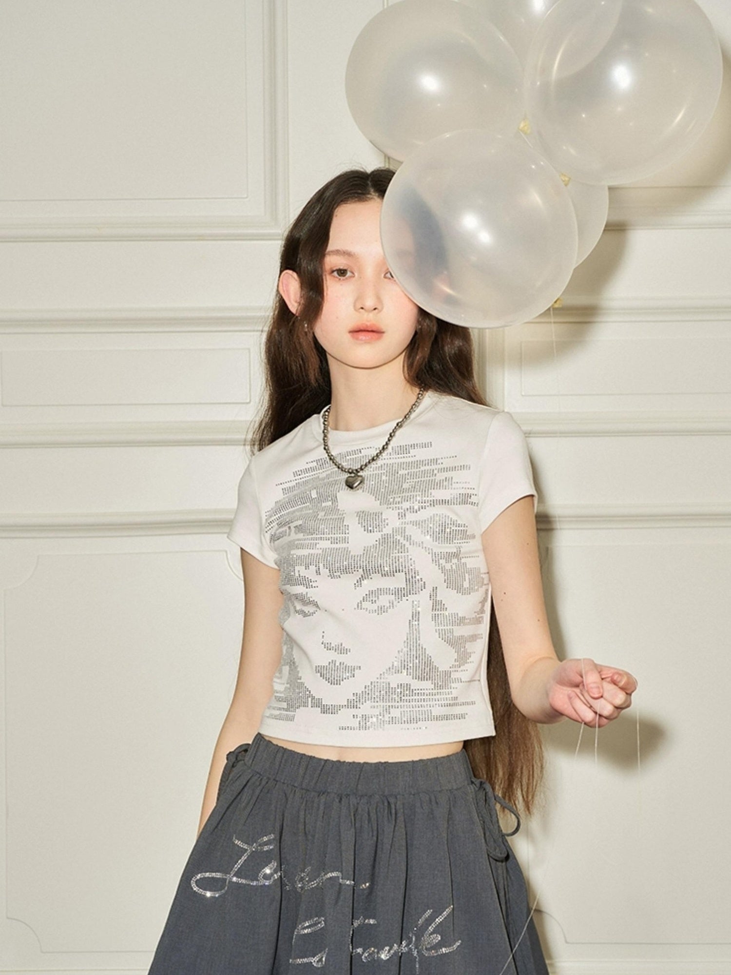 DIDDI MODA Pleated Crystal Embellished Tiered Mini Skirt With Drawstring