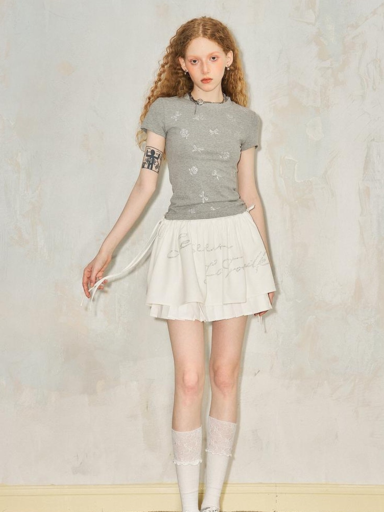 DIDDI MODA Pleated Crystal Embellished Tiered Mini Skirt With Drawstring