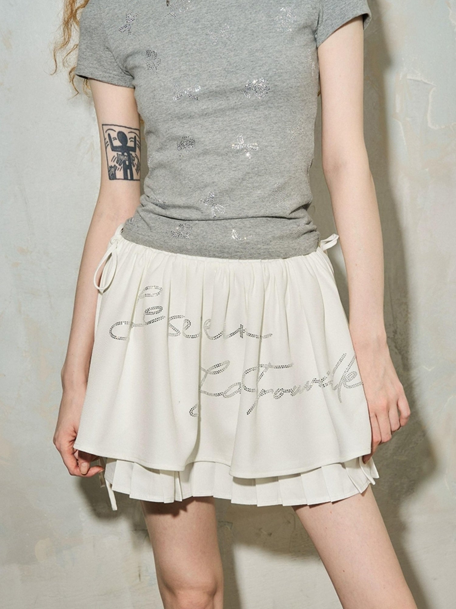 DIDDI MODA Pleated Crystal Embellished Tiered Mini Skirt With Drawstring