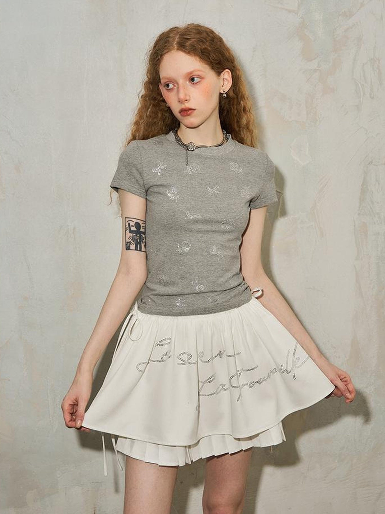 DIDDI MODA Pleated Crystal Embellished Tiered Mini Skirt With Drawstring