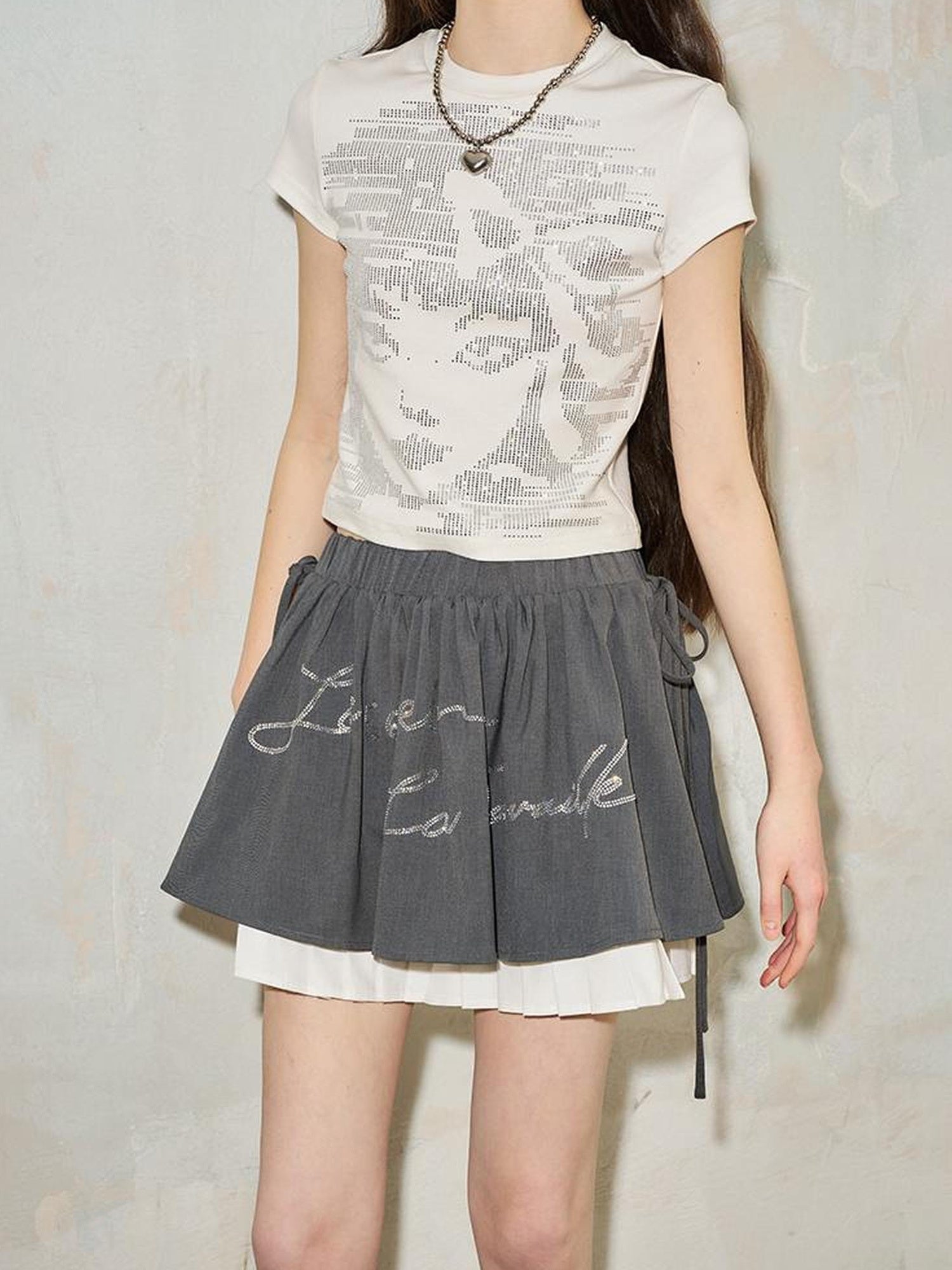 DIDDI MODA Pleated Crystal Embellished Tiered Mini Skirt With Drawstring