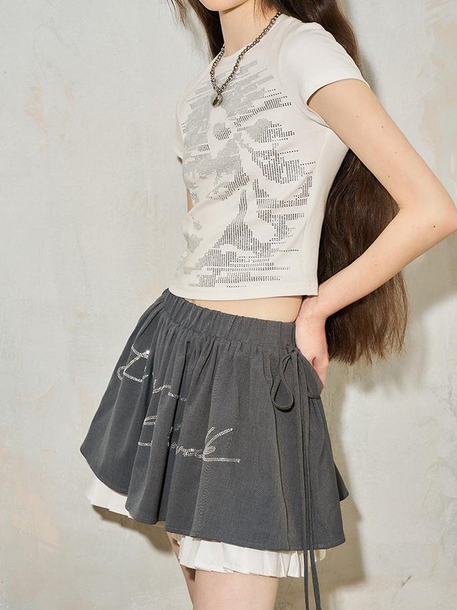 DIDDI MODA Pleated Crystal Embellished Tiered Mini Skirt With Drawstring